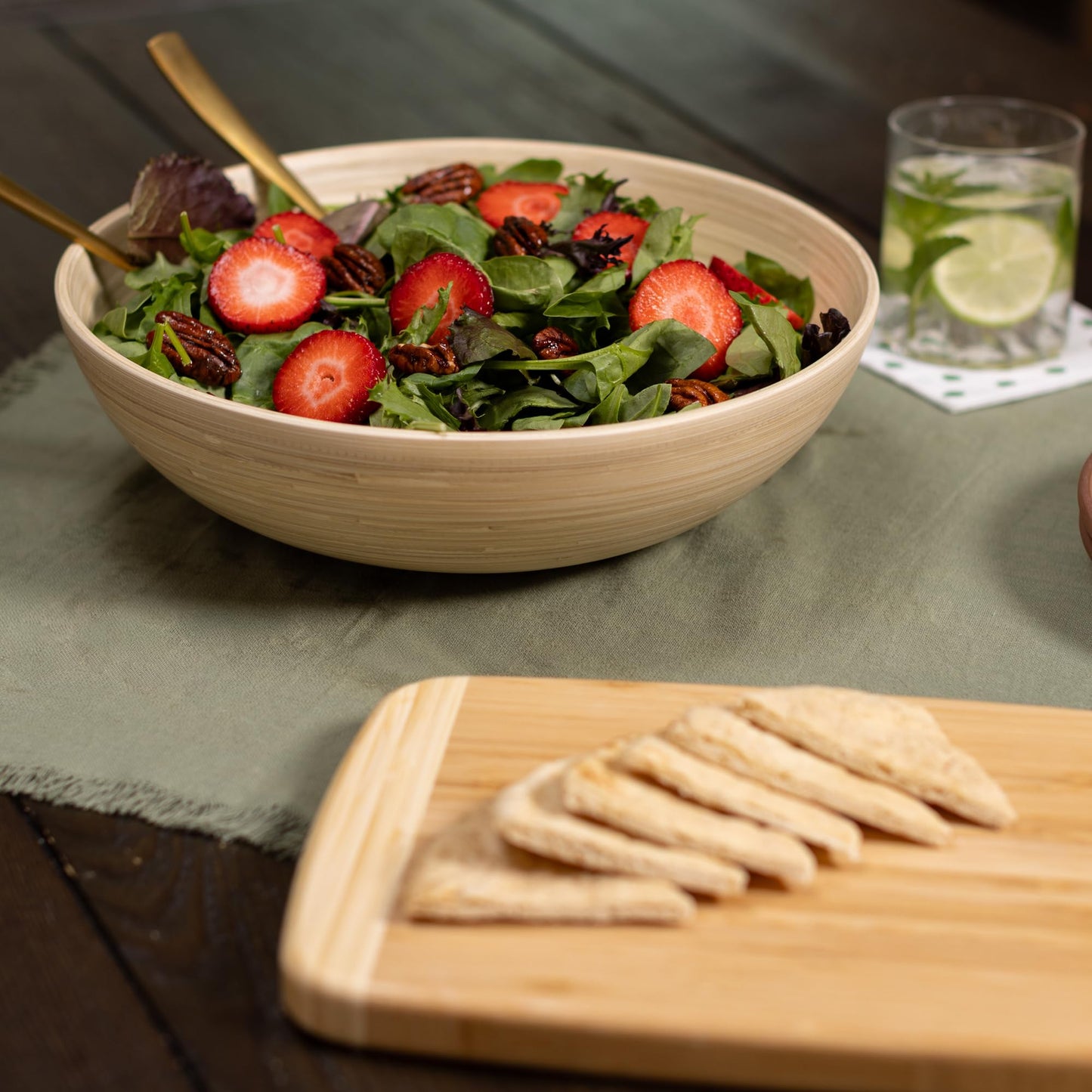 LEXA 12" Handmade Bamboo Salad Bowl – 130 oz Large Wooden Fruit Bowl for Kitchen Counter, Natural Bamboo