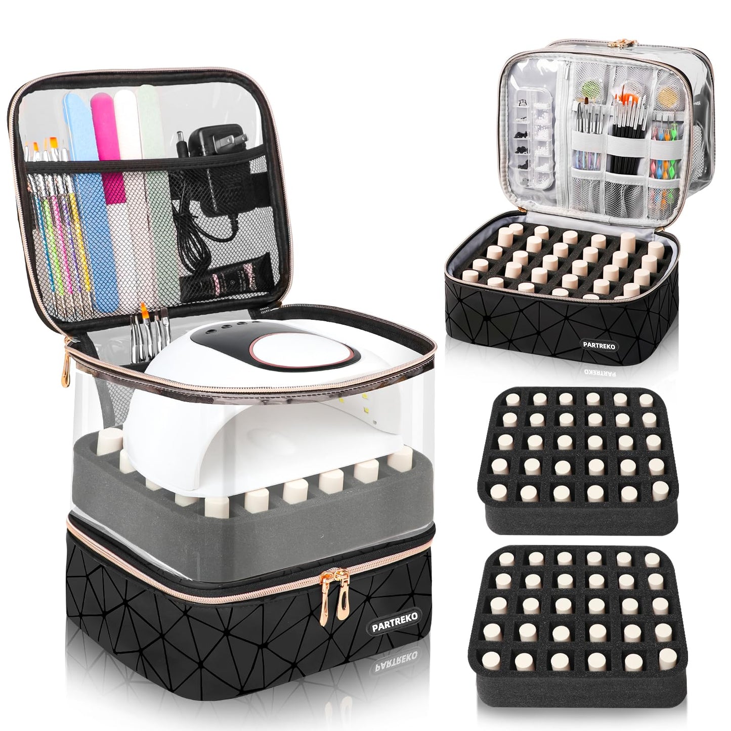 Partreko Clear Nail Polish Organizer Holds 60 Bottles (15ml/0.5fl.oz)& Nail Lamp, Double Layer Nail Supplies Organizer Case Transparent, PU Leather Nail kit Storage Bag for Manicure Tools (Black)