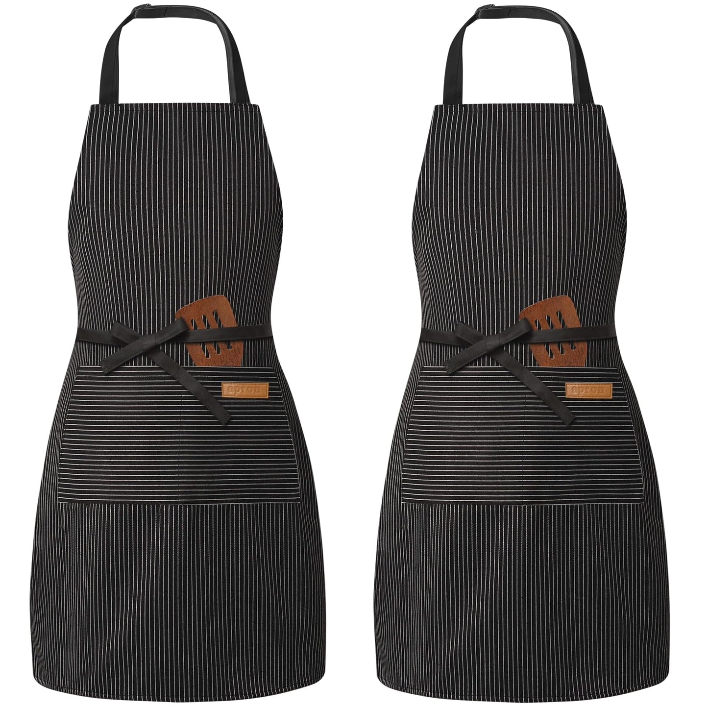 BeLuyi 2 Pack Adjustable Bib Apron with 2 Pockets Chef Cooking Kitchen Restaurant Aprons for Women Men (Black Pinstripe)