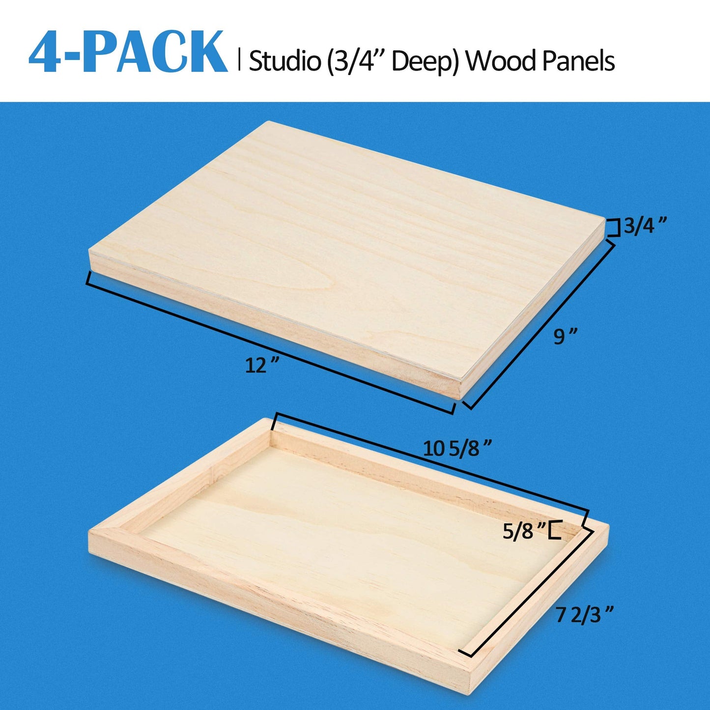 Falling in Art Unfinished Birch Wood Canvas Panels Kit, 4 Pack of 9x12’’ Studio 3/4’’ Deep Cradle Boards for Pouring Art, Crafts, Painting and More