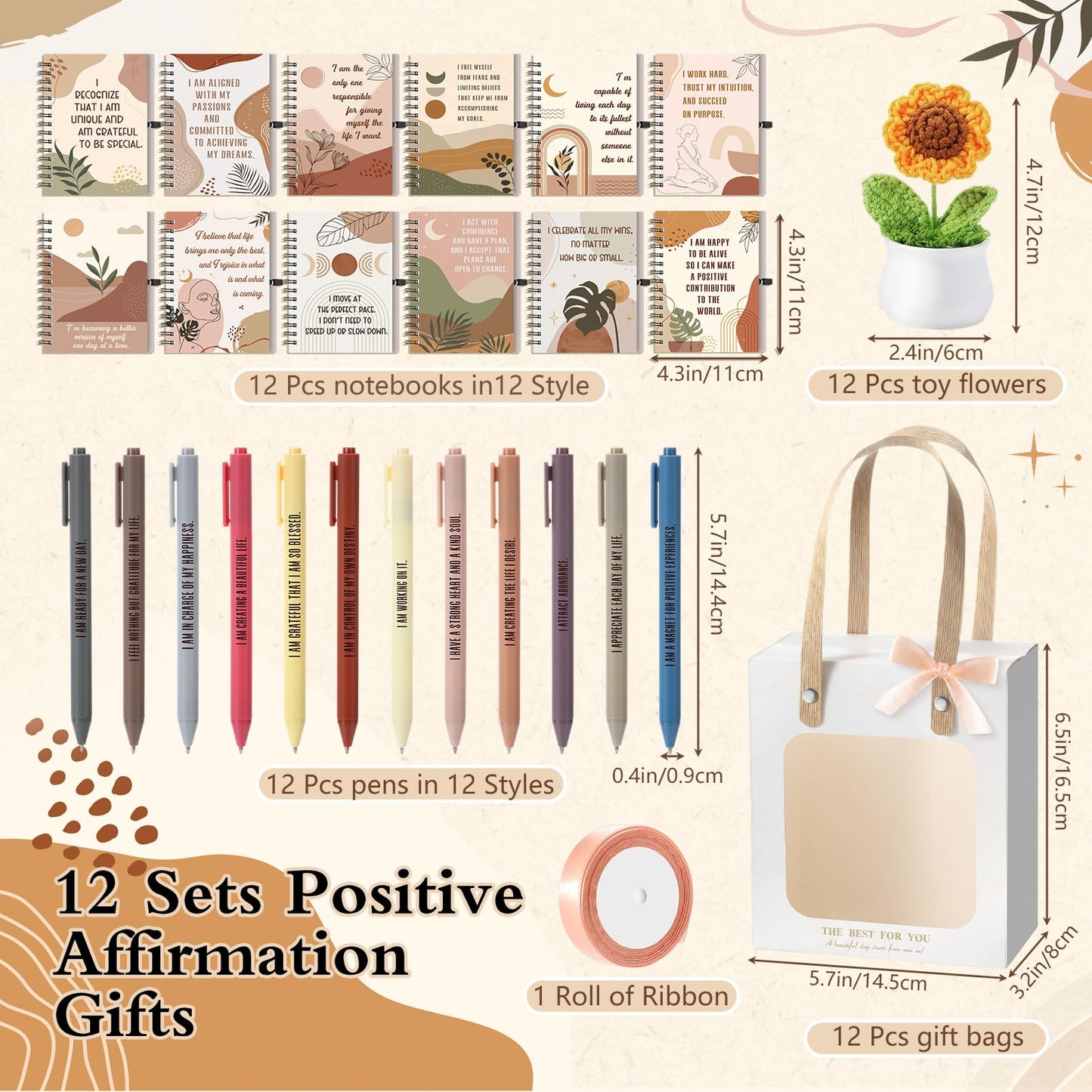 Kosiz 48 Pcs/12 Set Positive Affirmation Gift for Women Boho Positive Notebooks with Ballpoint Pens Motivational Spiral Notepad Inspirational Crochet Sunflower Gift for Mother's Day, Teacher, Coworker