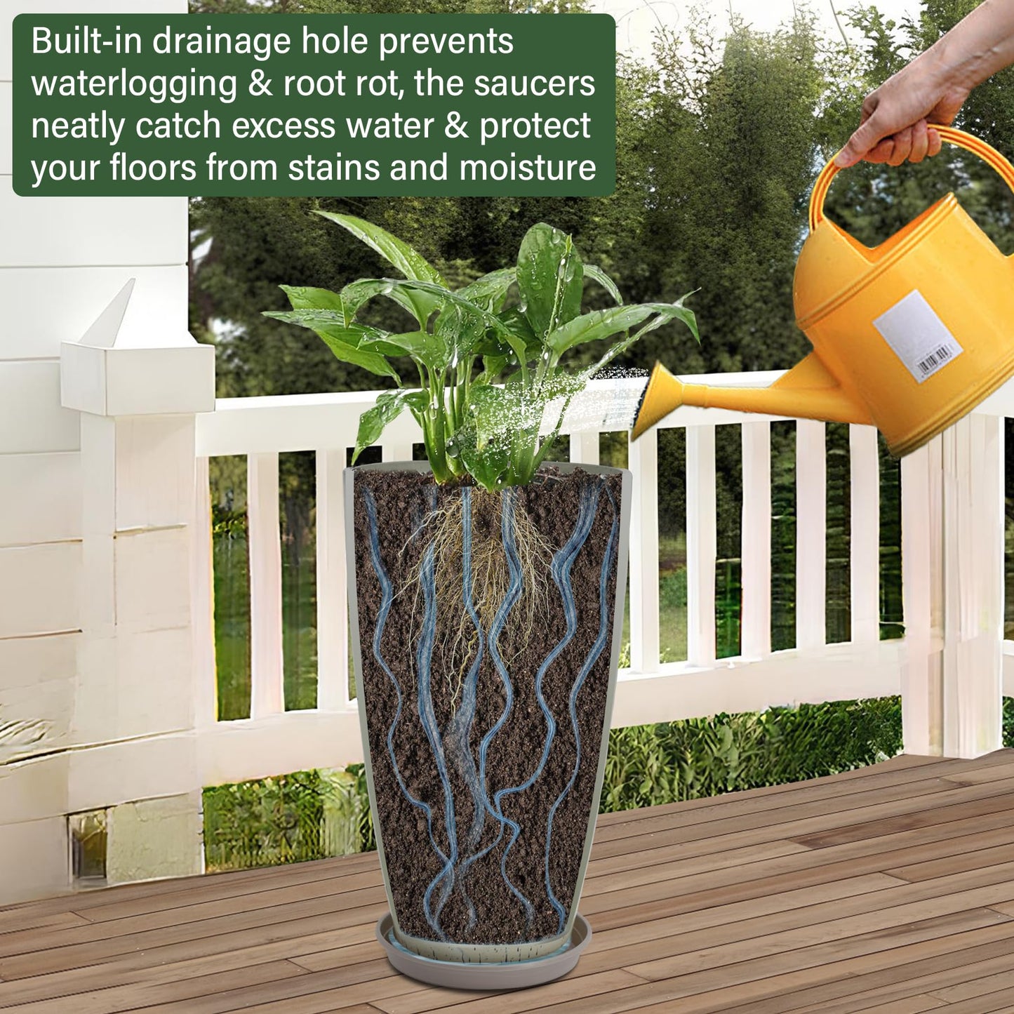 Neoaider 24/21/12 Inch Large Plastic Planter, Lightweight Ceramic-Look Tall Planters with Drain Hole & Saucers, Tall Plastic Planters for Porch, Garden, Patio, Balcony(Drip Glaze)