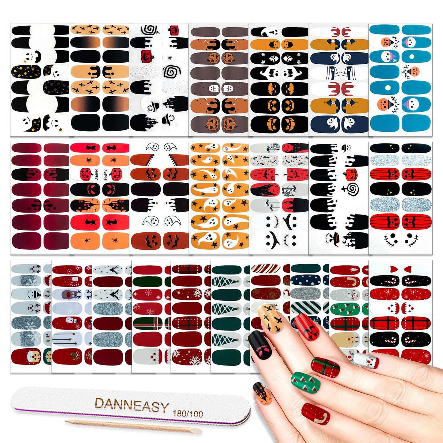 Nail Polish Strips Halloween Christmas Style, DANNEASY 24 Sheets Adhesive Nail Polish Stickers Nail Wraps for Women 1Pc Nail File, Cuticle Stick