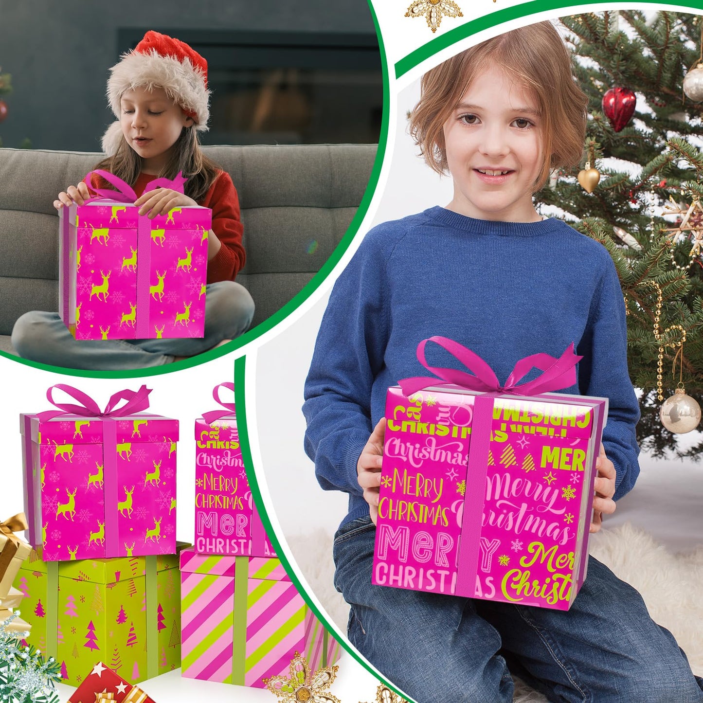 Cinrobiye 4 Pcs Christmas Gift Boxes with Lid,Ribbon and Tissue Papers,9" Black and White Christmas Winter Square Cardboard Box for Gift Wrapping Holiday Present Birthday Assorted Design (Green Pink)
