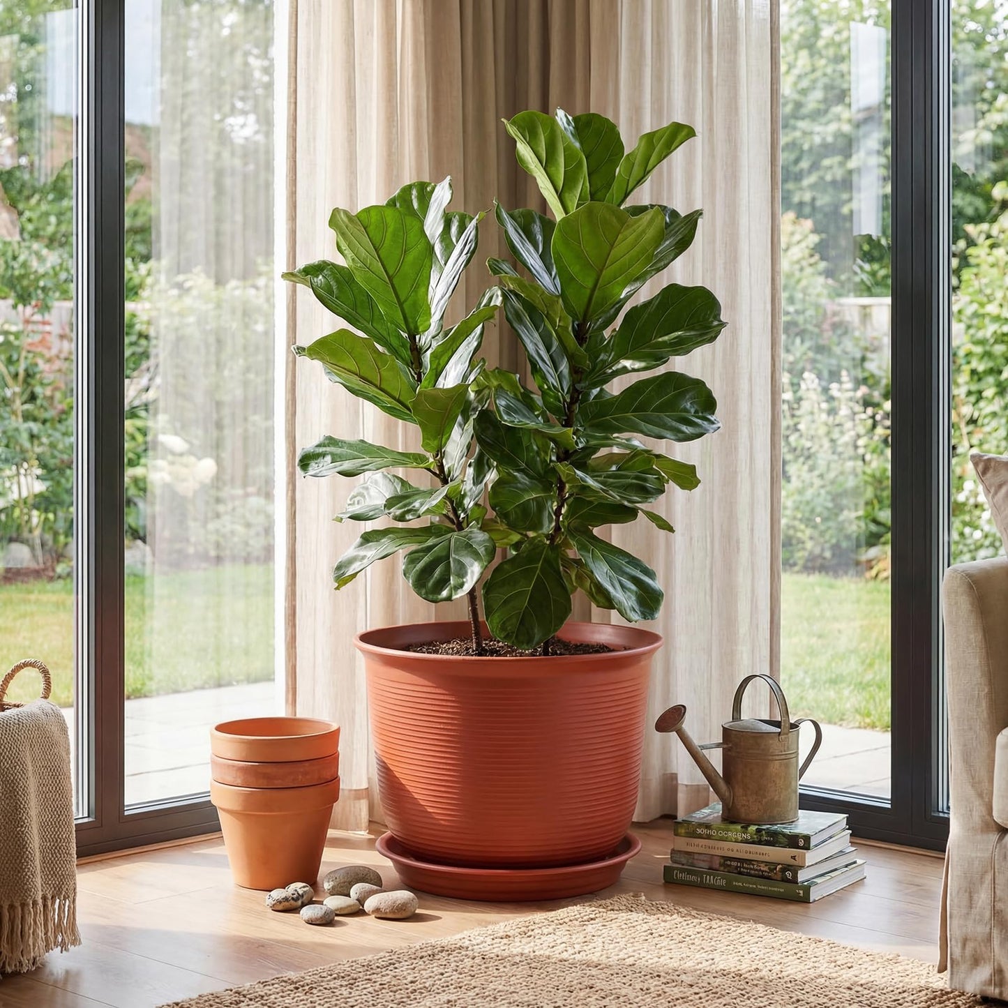 RimCereal 2 Pack 14 Inch Plastic Large Terracotta Plant Pot with Drainage Hole and Saucer Large Plant Tree Pots Flower Tree Containers for Indoor Outdoor Gardening Front Porch Patio Yard or Deck