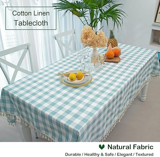 Checkered Rectangle Tablecloth, Heavy Weight Cotton Gingham Table Cloth Plaid Table Cover for Spring Summer Picnic Kitchen Dinner Restaurant Outdoor Easter Party（55x70,Aqua