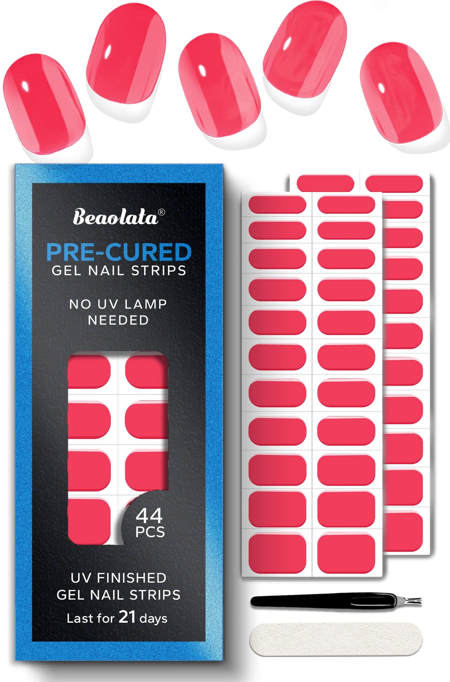 Beaolata Real Gel Nail Strips (No UV Light Needed) - 44Pcs Salon Quality Nail Stickers - Long Lasting Polish Wraps for Women, Easy Apply & Remove (Cherry Pop Red)