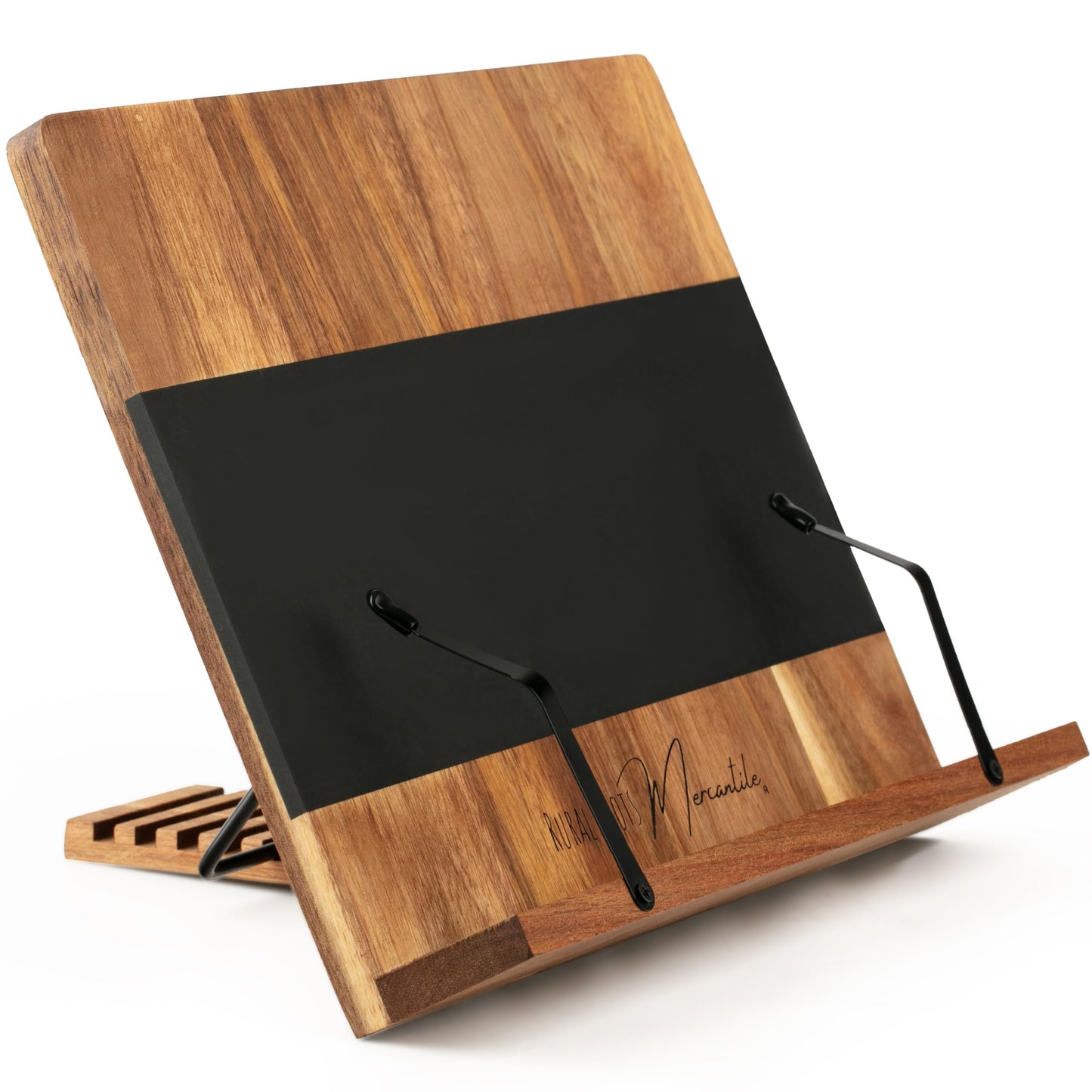 Cookbook Stand for Kitchen Counter – Adjustable Wood Book Holder with Resin Accent, Rustic Recipe Book Stand with Secure Page Grips, Compatible with Cookbooks & Tablets