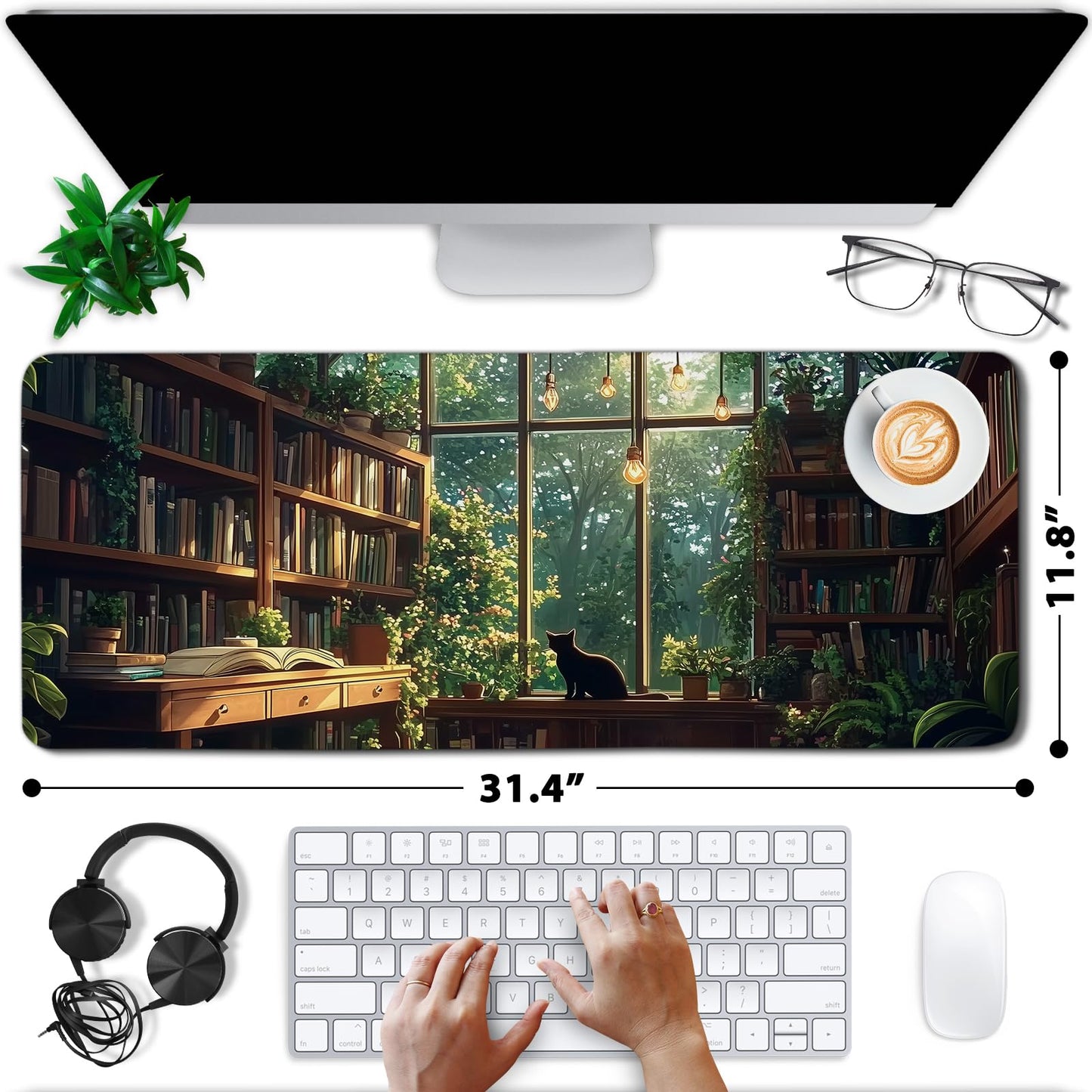 Green Plants Cat Gaming Mouse Pads Large, Full Cat Mousepad Cut, Computer Keyboard Desk Accessories Mat with Non Slip Base Stitched Edge, Gift for Cats Lovers Gift for Christmas 11.8”x 31.4”XL