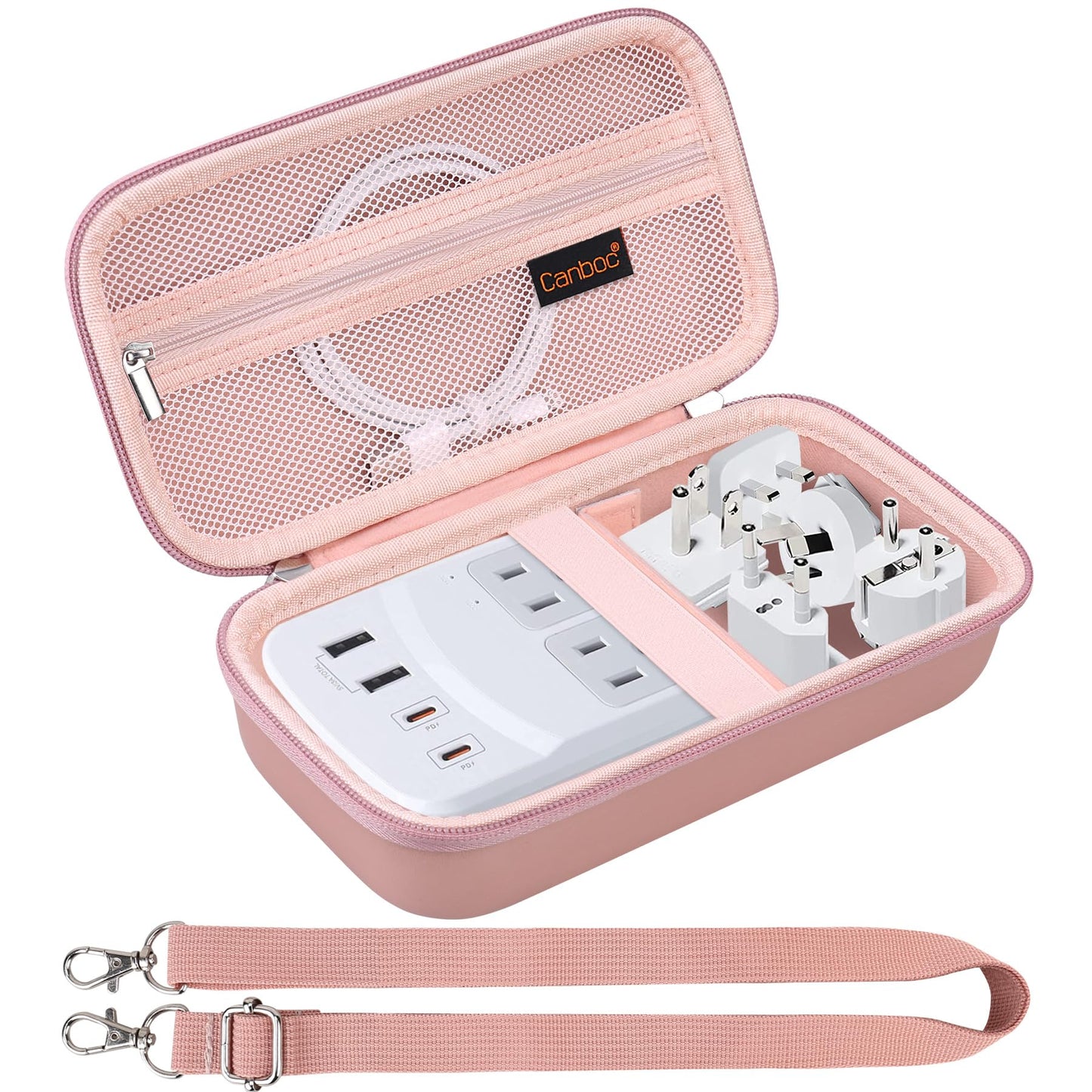 Canboc Carrying Case for Ceptics Universal Travel Adapter Kit, World Travel Adapter Kit Box with Removable Shoulder Strap, Zipper Mesh Bag fit USB Cable, Rose Gold (Case Only)