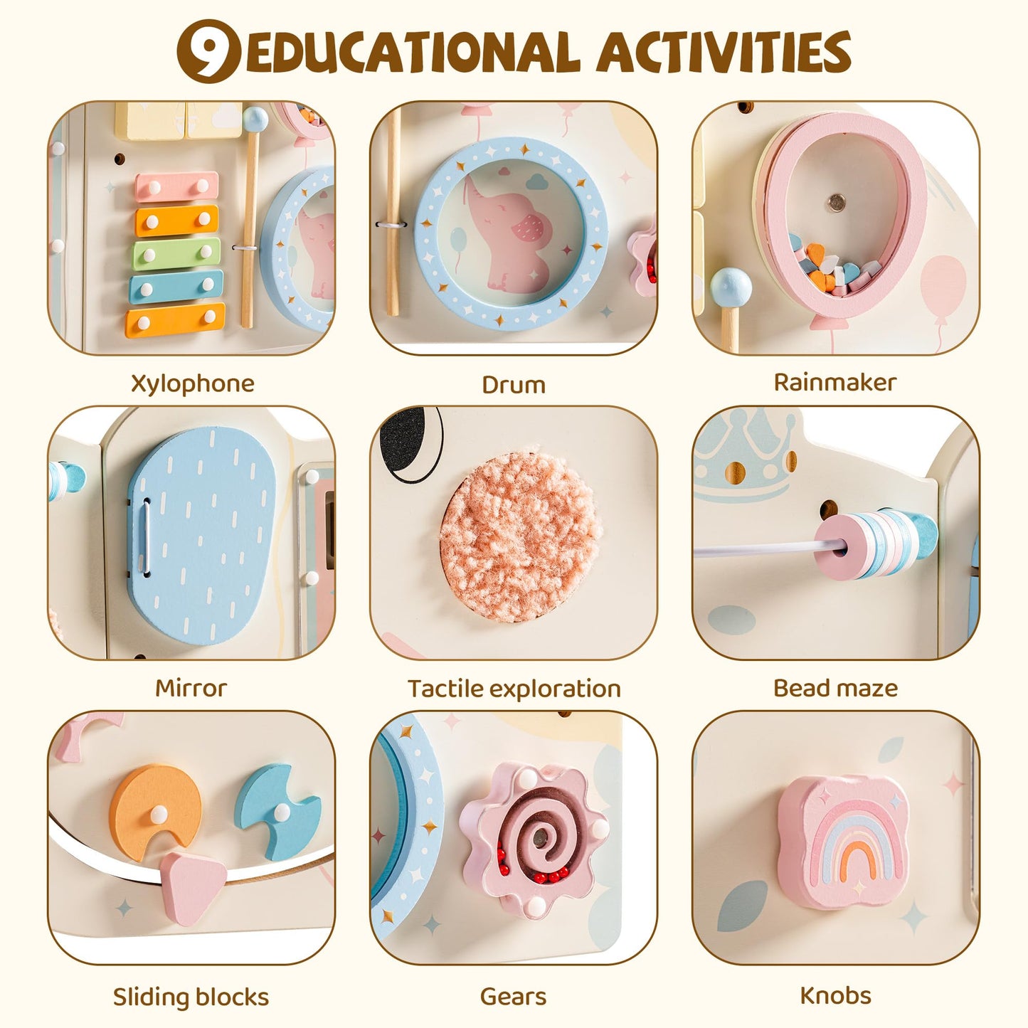 ROBUD Elephant Montessori Busy Board, 12-in-1 Activity Wall Busy Board, Montessori Sensory Wall Panel for Boys & Girls, Toddler Learning Activity Center for Playroom, Nursery, Beige