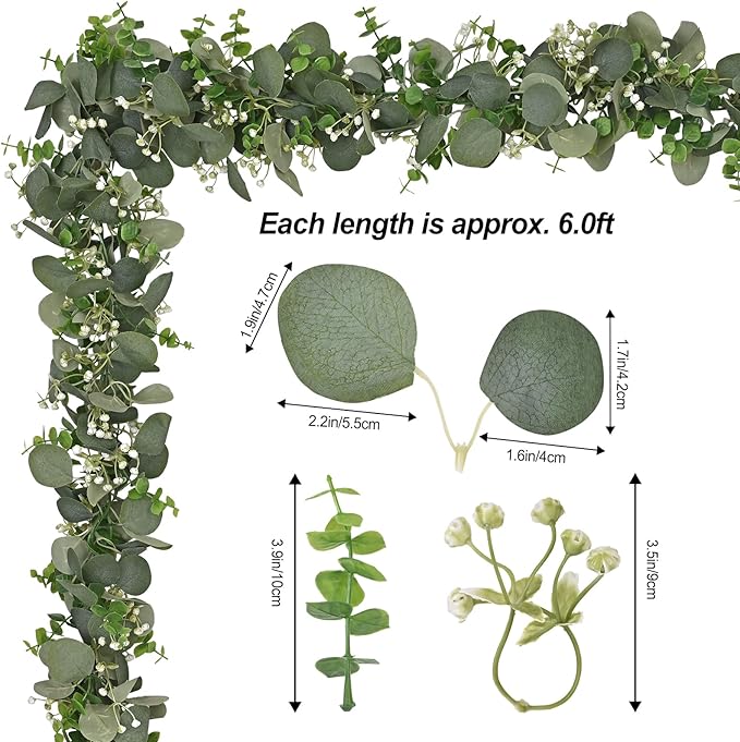 Dolicer 2 Packs 6FT Artificial Eucalyptus Garland, Faux Greenery Garland Fake Vines Hanging Silver Dollar Eucalyptus Leaves for Wedding Backdrop Arch Table Wall Party Home Decor