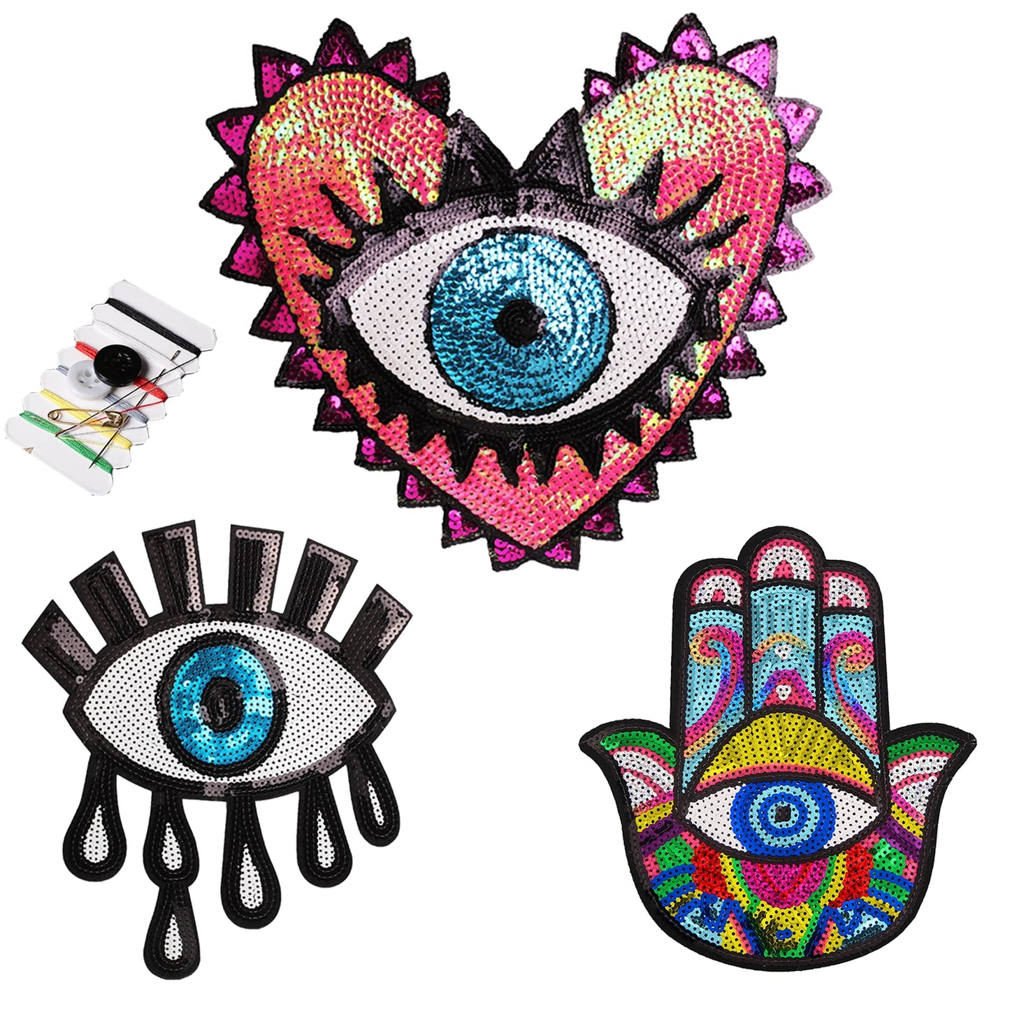 Joynaamn 3PCS Evil Eye Sequin Patches Sewing on/Iron on, Large Embroidered Decorative Appalique with Sewing Kit for Clothes Jacket Backpack Hat, Suitable for DIY/Arts/Crafts Projects