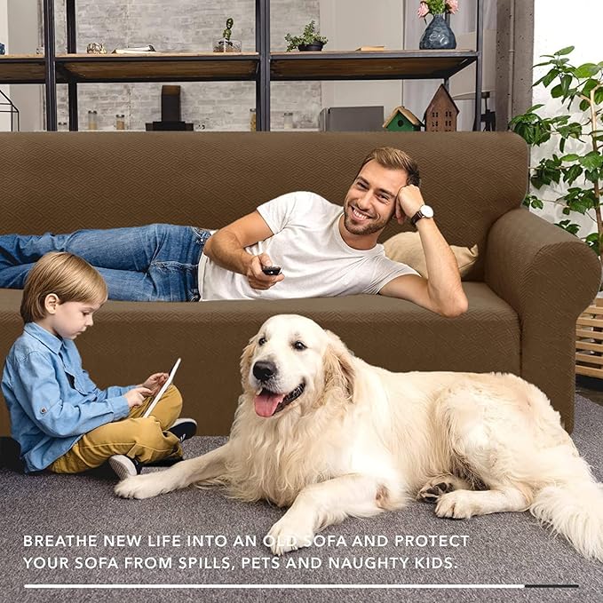 XINEAGE New 1 Piece Couch Covers for 2 Cushion (55"-69") Stretch Loveseat Sofa Cover Slipcover Jacquard Universal Furniture Protector with Elastic Bottom for Kids,Dog (Loveseat, Brown)