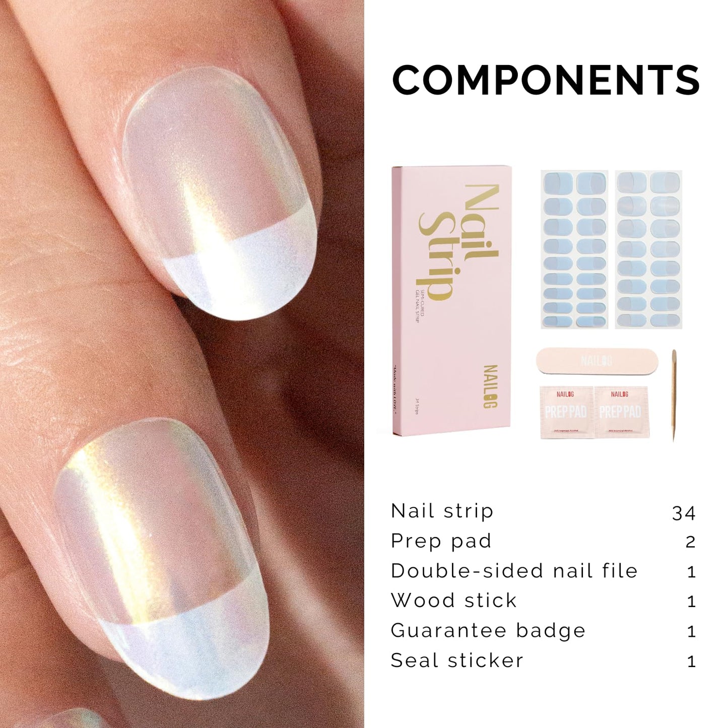 Semi Cured Gel Nail Strips - NAILOG 34 Pcs French Clear Glitter Nail Stickers Extra Long Wraps with Glossy Gel Finishing, Magic Aura