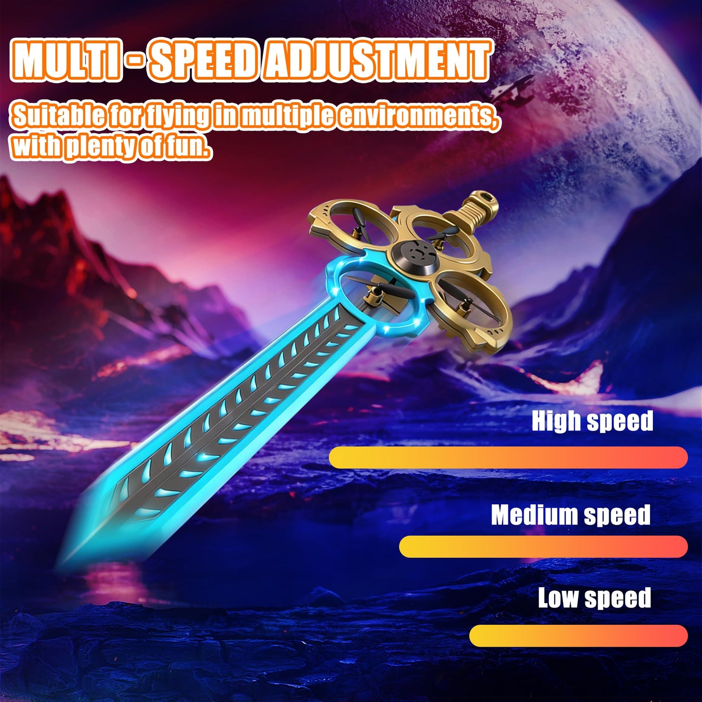Virellia Upgraded Flying Sword RC Drone with Colorful LED Lights, ABS Metal Remote Control Airplane with Hand Gesture & Smart Watch Control, 3 Speed Modes & Stunt Drone for Kids Adults, Upgraded Gold