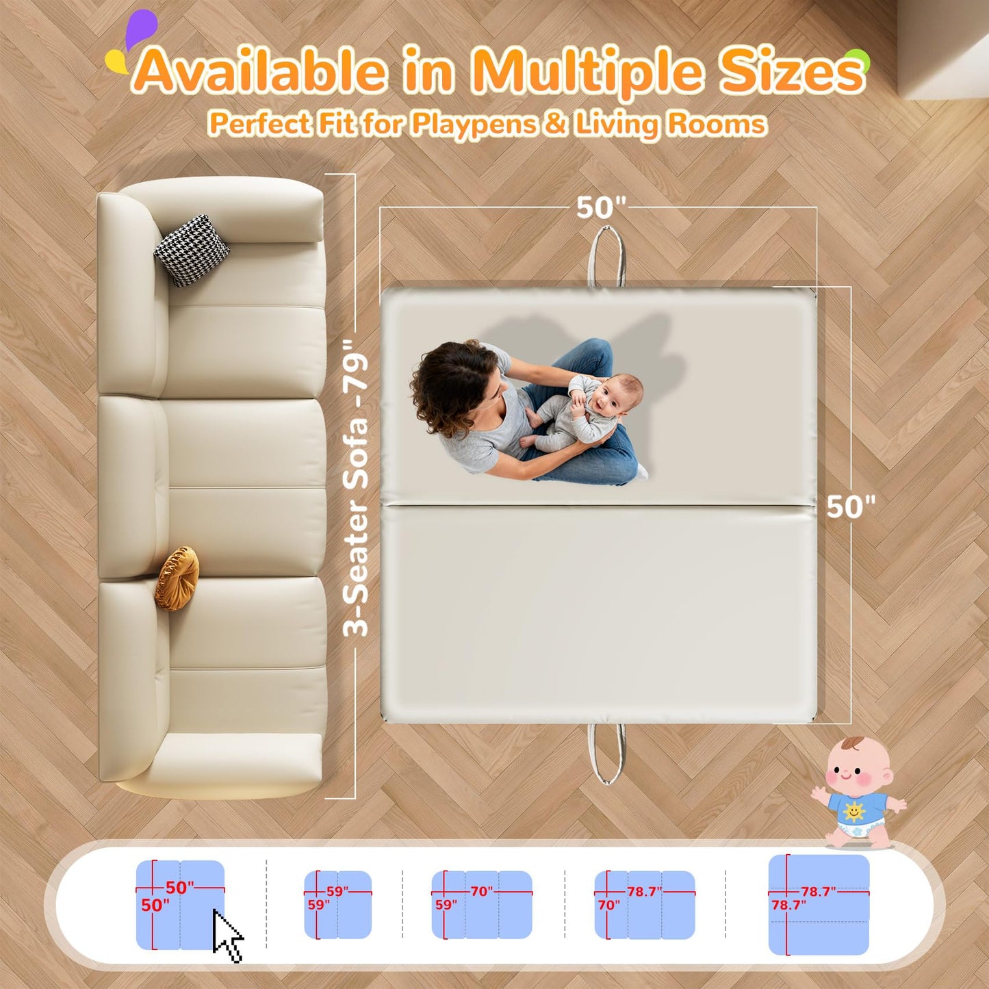 Baby Play Mat for Floor– 1.2" Thick, Foldable, Waterproof, 50×50 Playpen Mat, Non-Toxic, Easy to Clean, Thickened Foam Cushioned, Perfect for Tummy Time & Crawling, Babies & Toddlers