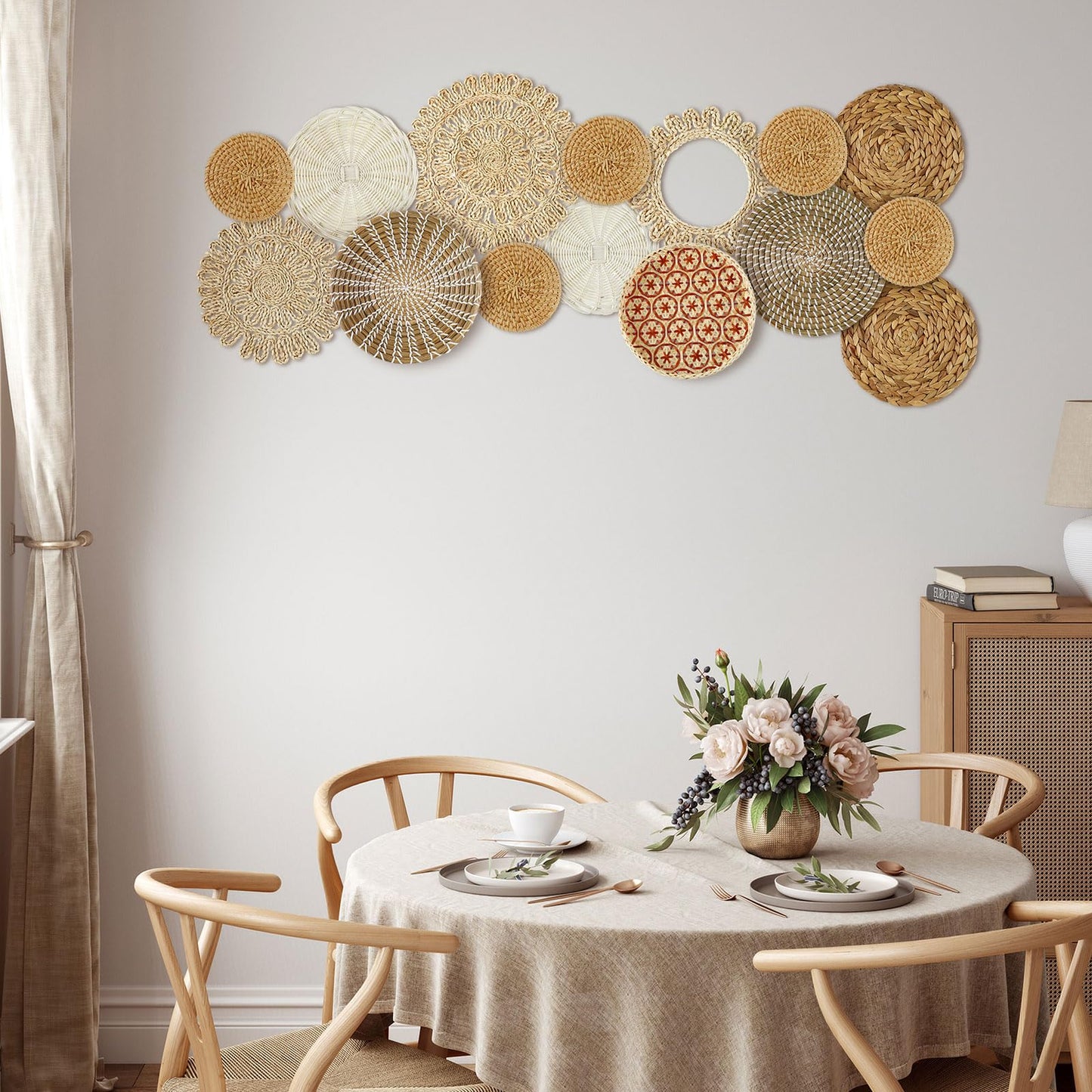Xuhal 15 Pcs Boho Wall Basket Decor Handcrafted Seagrass Woven Wall Basket Rustic Round Woven Hanging Art for Home Farmhouse Kitchen Table Living Room(Fresh Style)