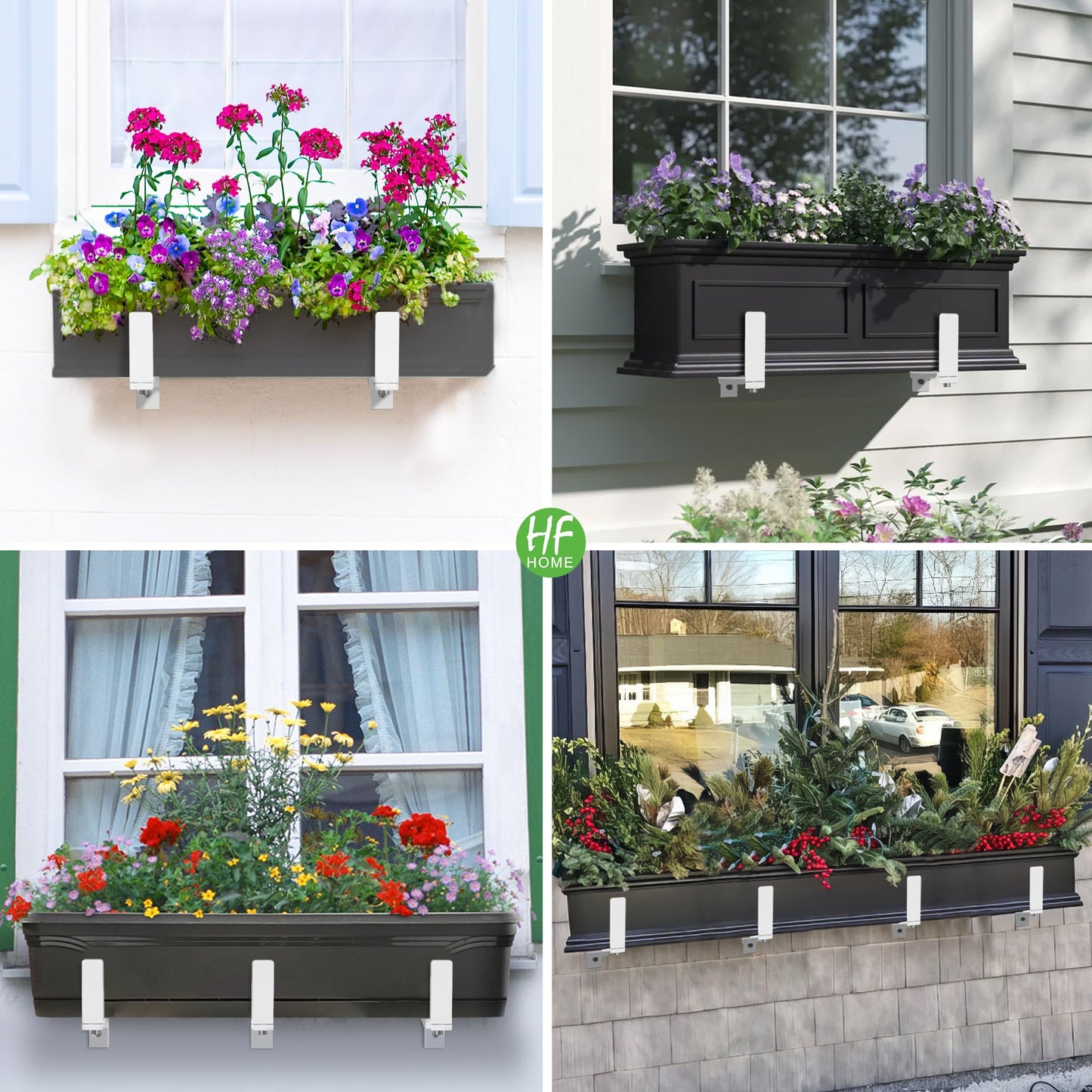 HFHOME 4 PCS Adjustable Planter Box Brackets (6 to 12.5 in), Universal Window Box Brackets, Heavy Duty Metal Flower Box Wall Mounting Hooks for Balcony, Fences, Patio, and Garden - White