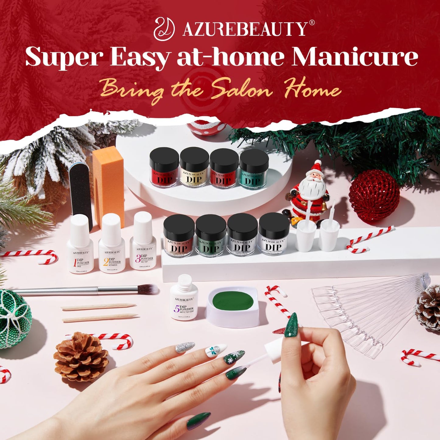 AZUREBEAUTY 30Pcs Dip Powder Nail Kit Starter, 8 Colors Green Red Gold Silver White with Nail Sticks, Nail Art Liquid Set with Matte/Base/Top Coat Activator for French Manicur