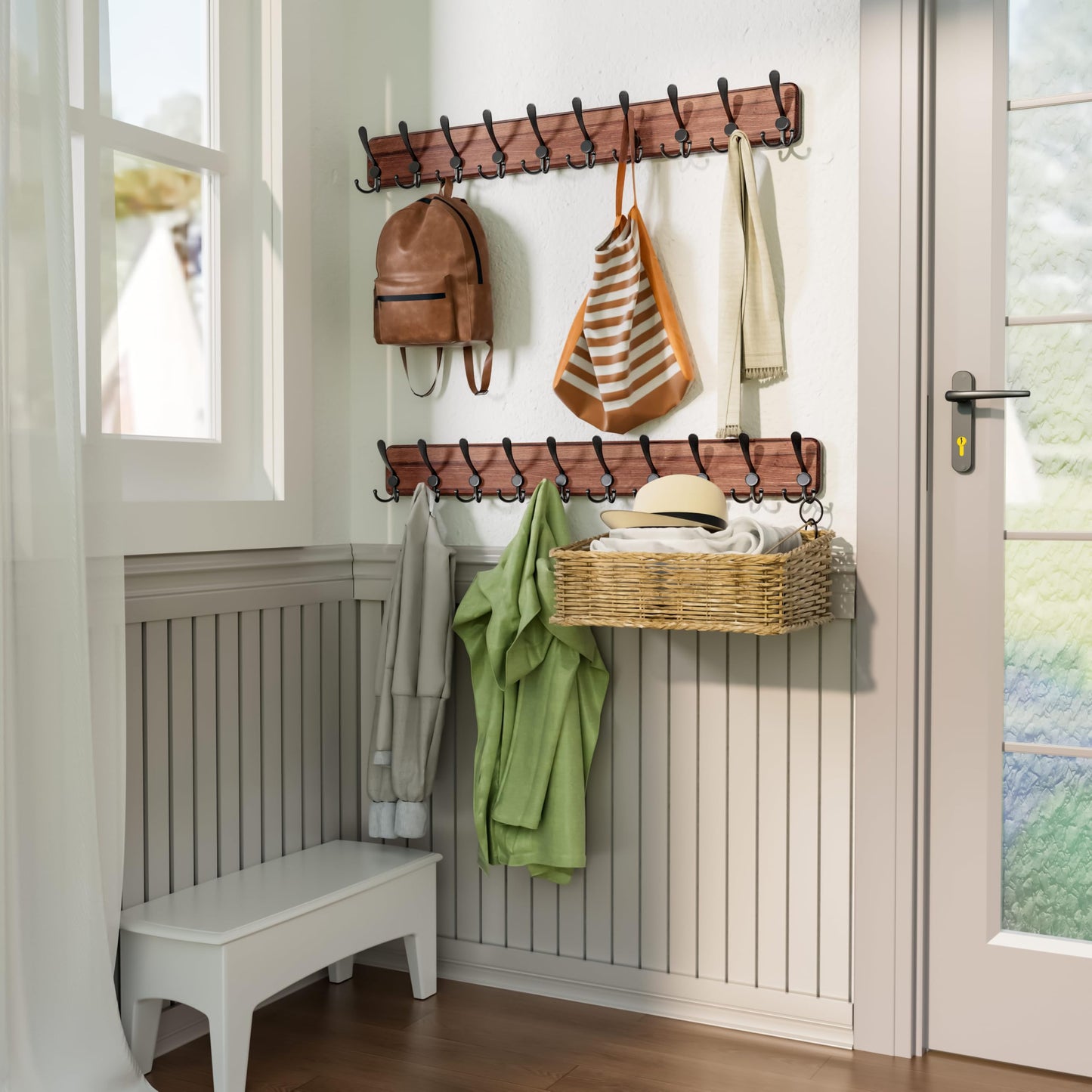 SKOLOO Rustic Large Coat Rack Wall Mount-38.6'' Long Coat Rack for Wall, Wood Coat Rack Hook, Farmhouse Coat Hanger Wall Mount for Hanging Jacket Coat