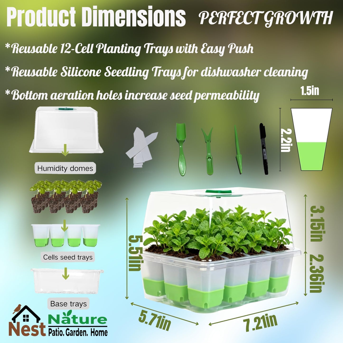 5-Pack Flexible Germination Trays,Reusable 60Cell Seed Starter Trays With Humidity Dome & Lids , Flexible Pop-Out Design, BPA-Free Silicone Seedling Kit & Dishwasher Safe for Herbs/Vegetables/Flowers