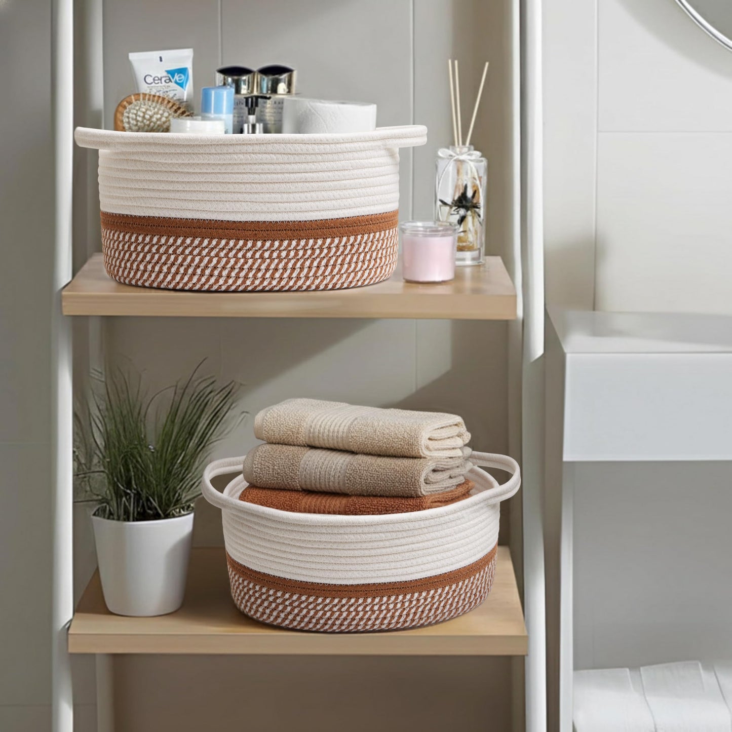 Pro Goleem Easter Woven Basket with Reinforced Handles - Baskets for Gifts Empty DIY Burr Basket Kit for Holiday, Baby Shower, Raffle - 13x8x6 Cotton Rope Storage Toy Bin (White & Brown)