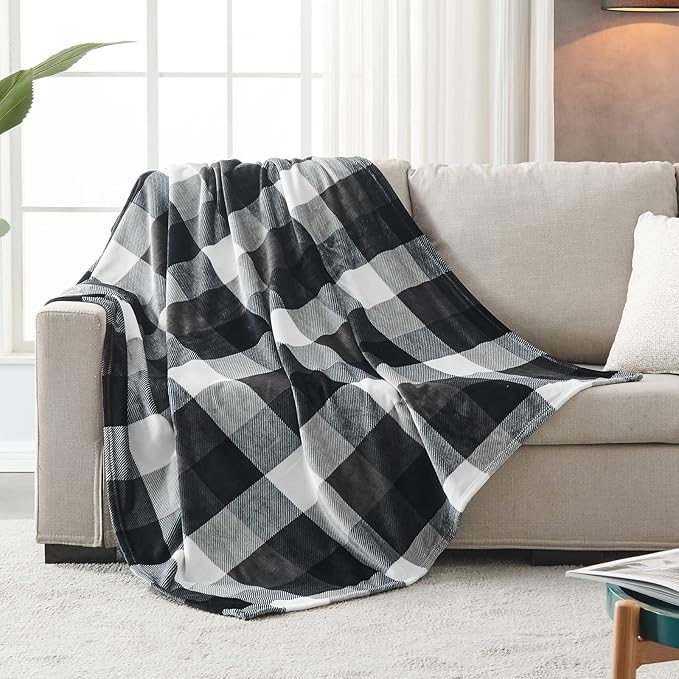 SOCHOW Buffalo Plaid Flannel Fleece Throw Blanket 60 x 80 Inches, Soft Lightweight Cozy All Season Black/White Checkered Blanket for Bed, Couch, Car