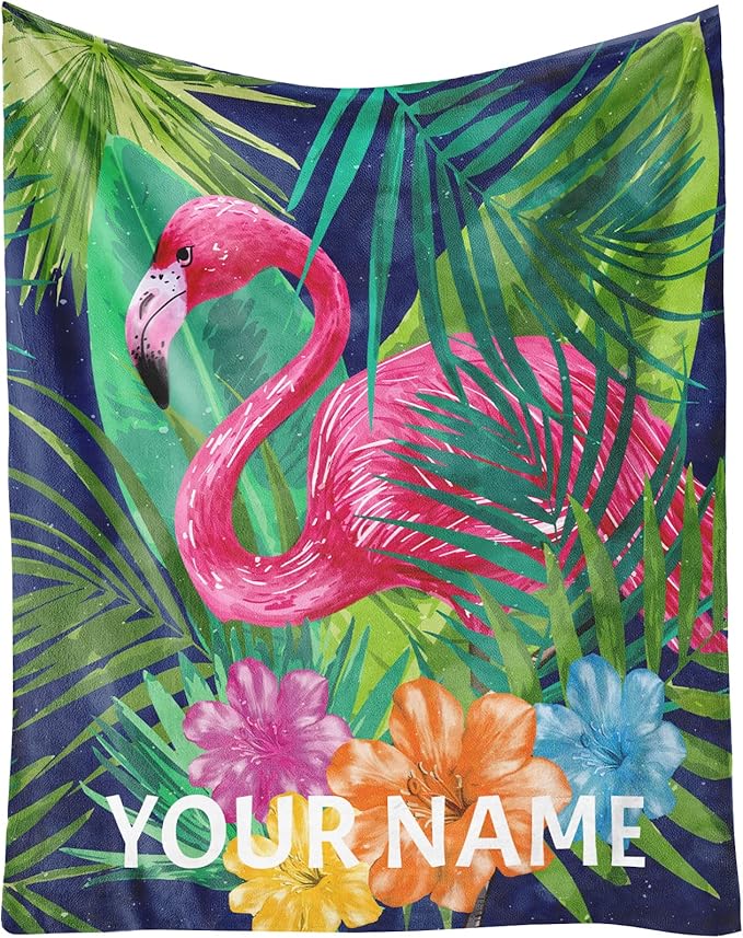 Custom Flamingo Blanket Gifts with Name - 30 x 40 Inches Funny Flamingo Throw for Girls - Green Soft Fuzzy Plush Blankets for Chair