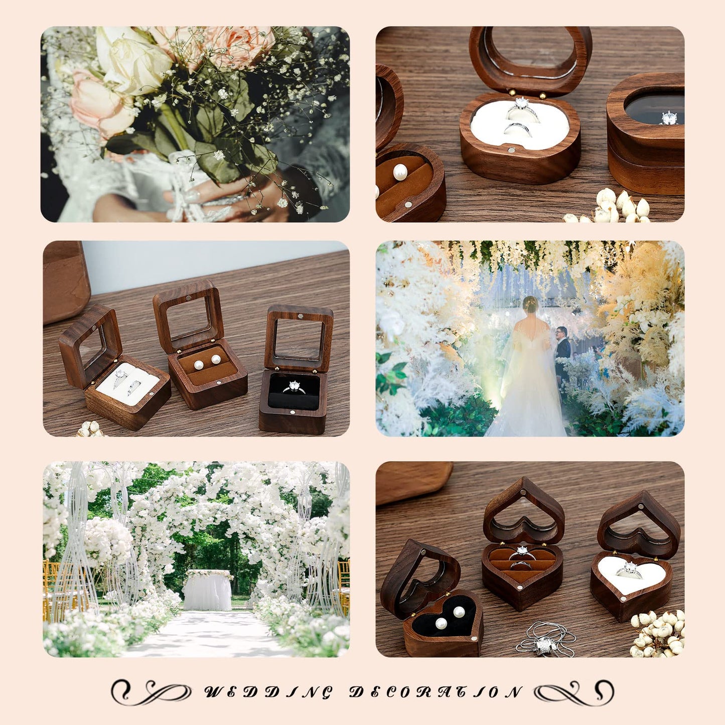 LAIFU Custom Wooden Ring Box for Wedding Ceremony with Text and Pattern Personalised Proposal/Engagement Ring Boxes Heart-shaped