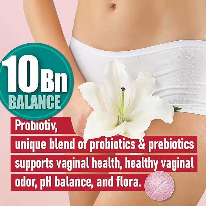 Chewable Vaginal Probiotics for Women 10 Billion CFU + Organic Prebiotics — Supports Vaginal Health, Maintains Vaginal pH Balance & Promotes Feminine Freshness, Strawberry-Flavored Tablets (60 counts)