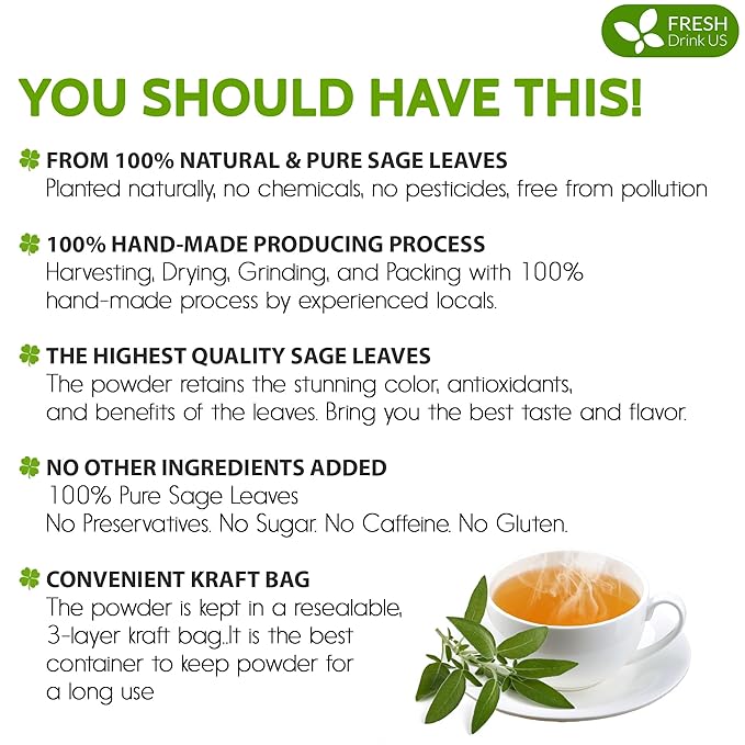FreshDrinkUS, Sage Leaf Powder 16oz – Premium Culinary Herb, Pure Ground Sage Leaves for Cooking, Baking & Herbal Infusions – Resealable Pouch