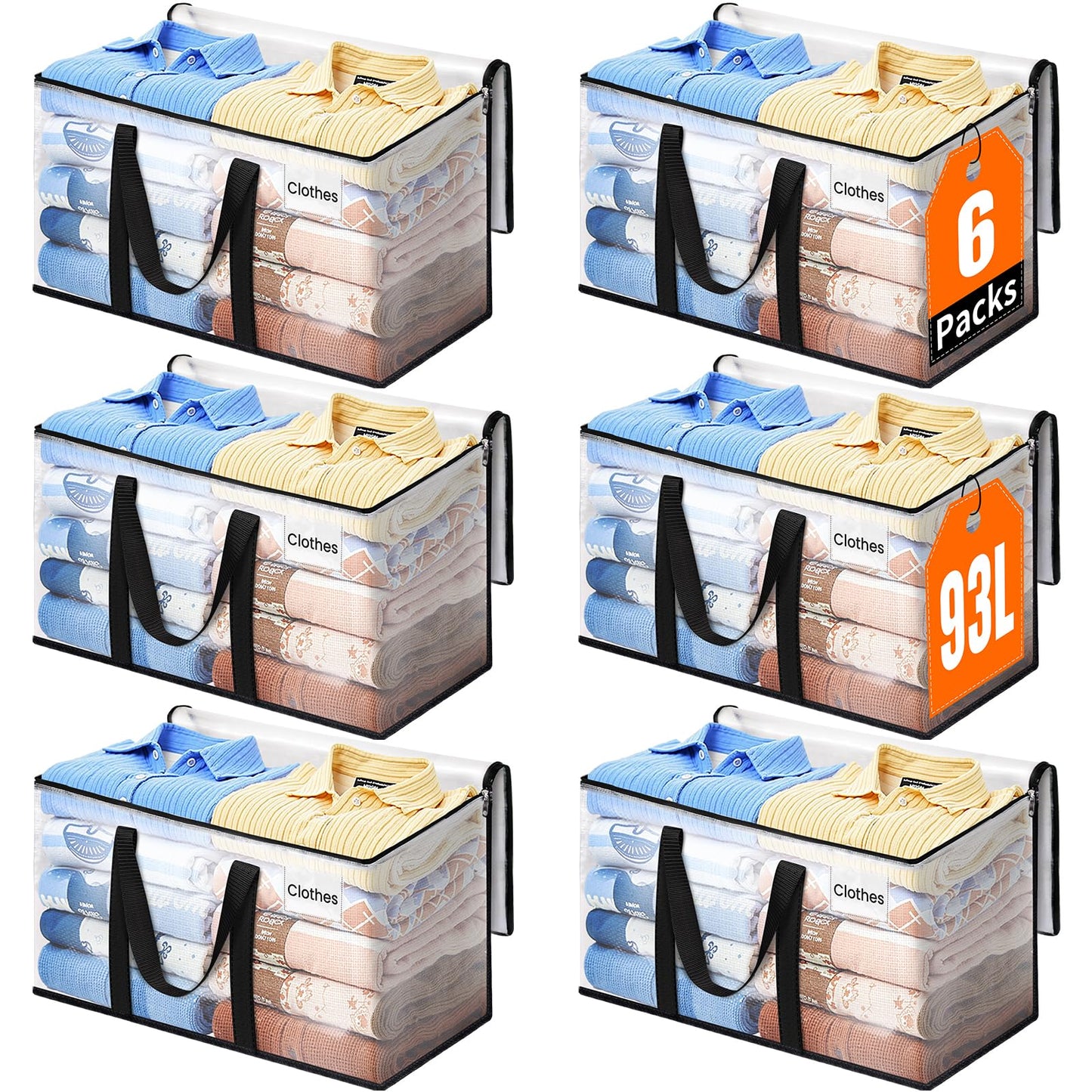 EpicTotes Extra Large Heavy Duty Moving Bags, Storage Bags with Strong Zippers & Handles, Packing Bags for Moving Essentials, Ideal Storage Tote for Home, Dorm & Storage Solutions, 93L, 6 Packs, Clear