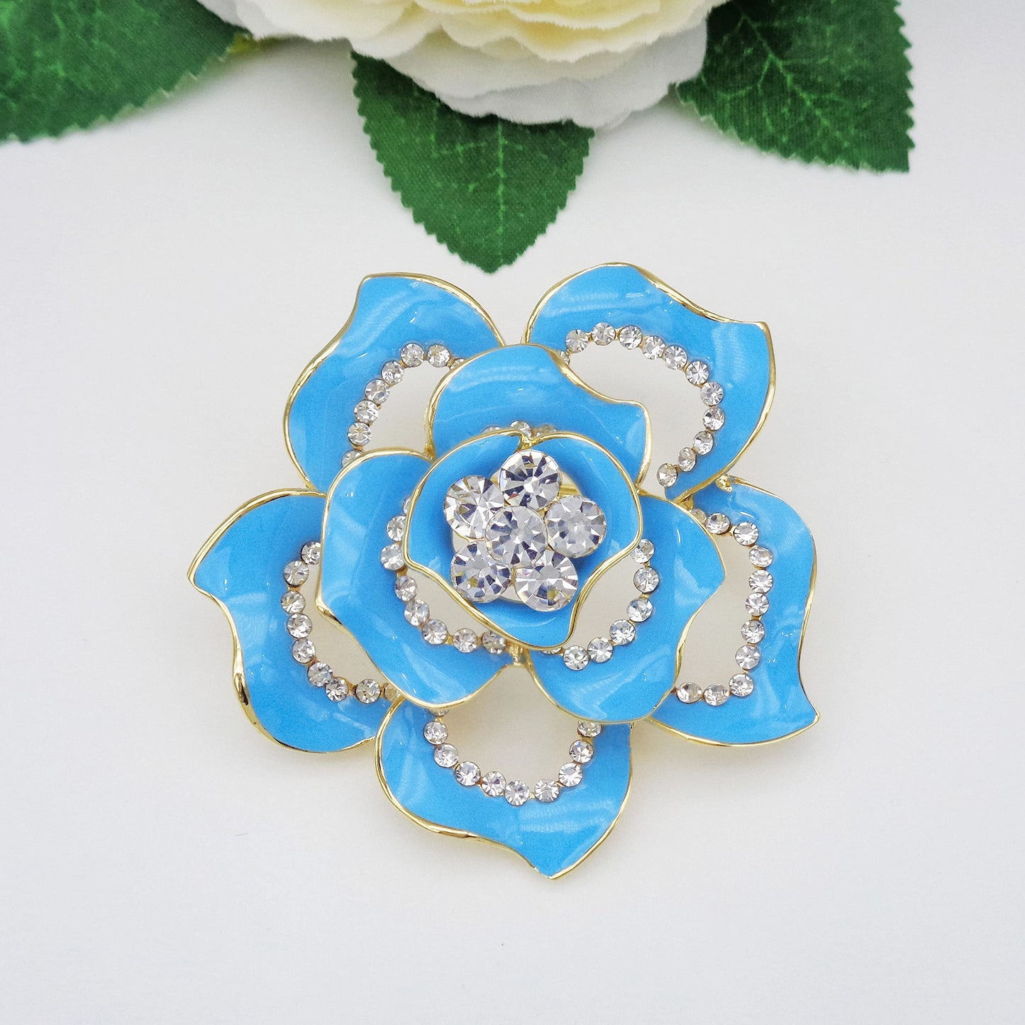 Navachi 18k Gold Plated Clear Crystal Blue Enamel Flower Az8007b Brooch pin