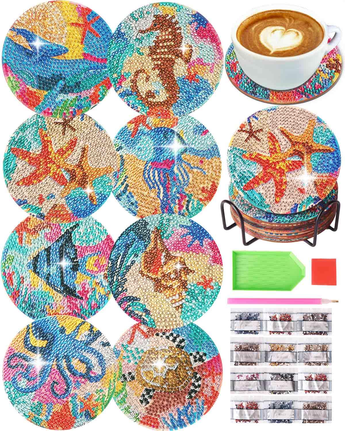 8 Pcs Diamond Art Painting Coaster Kit, DIY Small Gem Diamond Art Kits for Adults Women Beginners Kids, Diamond Dotz Kits Non Slip Coaster Craft Art Supplies (Ocean)