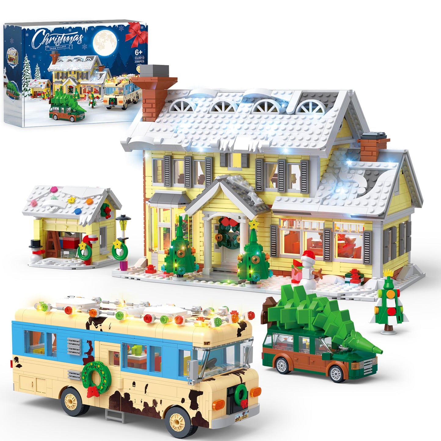 Snow Village Building Set,4 in 1 Christmas Vacation Holiday House&Cousin Eddie's RV&Picup Truck&Garage Building Blocks Model Kit Compatible with Lego for Child Adults(2056PCS)
