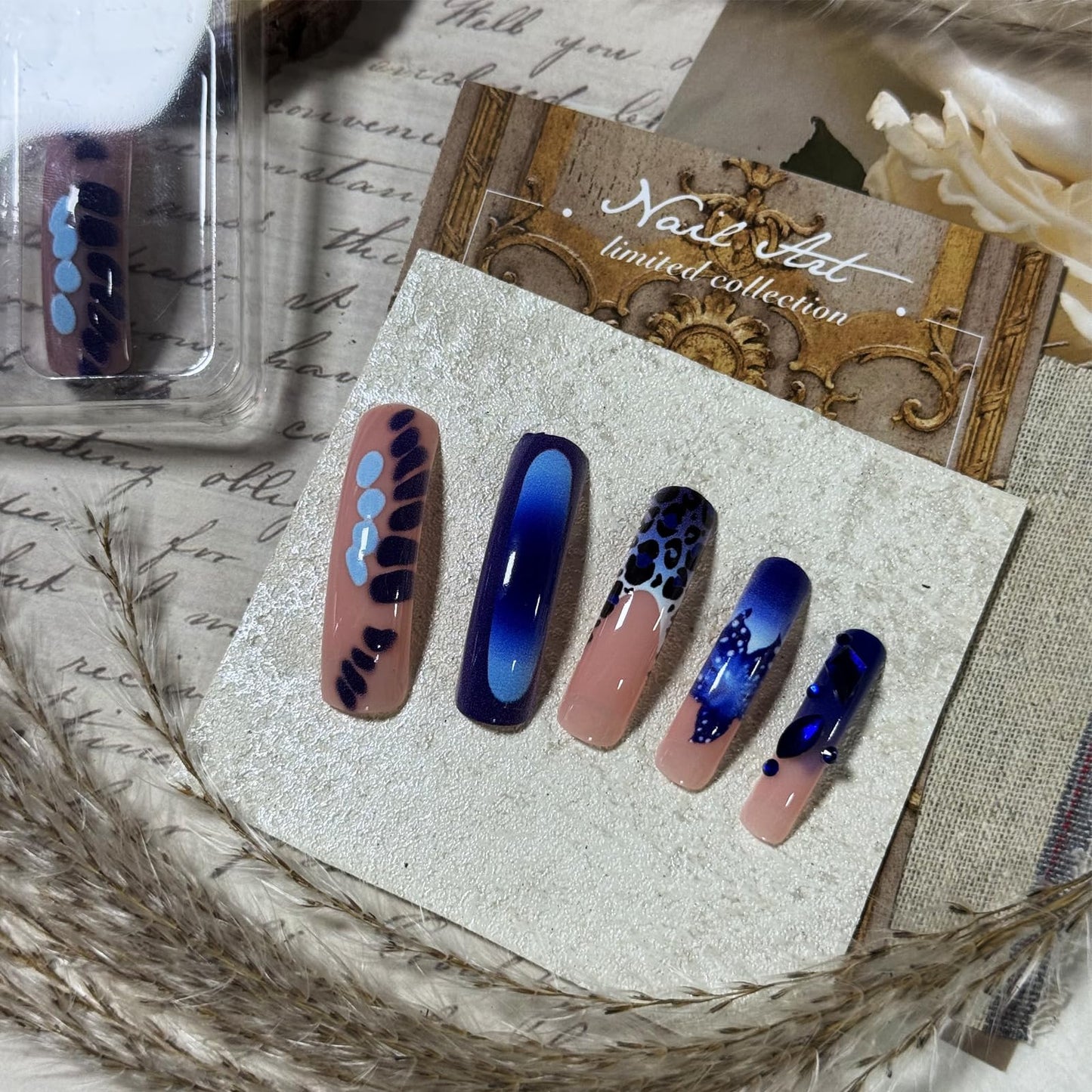 IMSOHOT Blue Press on Nails Curved Long Fake Nails - Leopard Print, Flower, Glitter, Rhinestone, Crocodile Print Designs Square Glossy Full Cover Acrylic False Nails Extra Long Glue on Nails