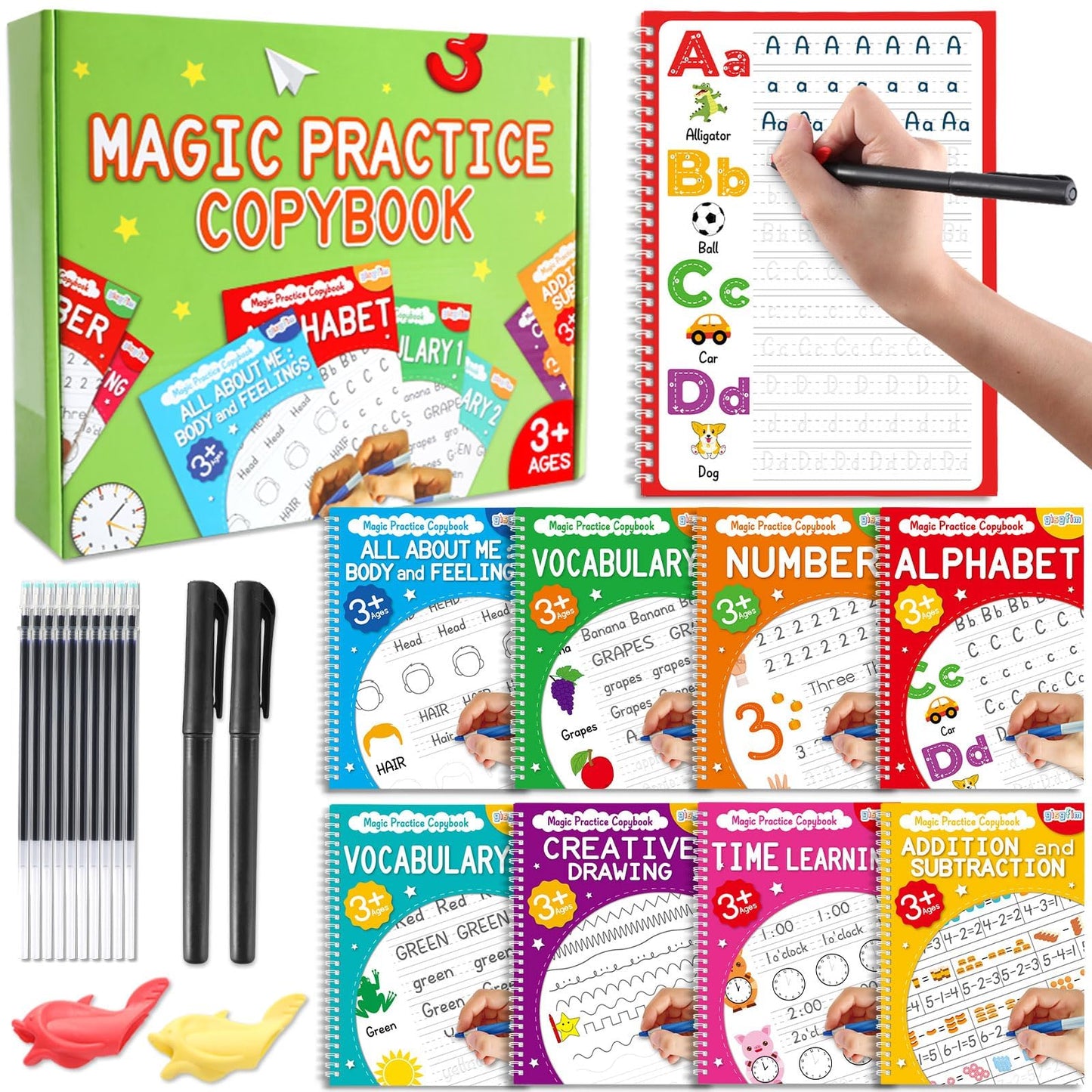 gisgfim 8 Pack Magic Grooved Writing Practice Books for Kids Reusable Magical Handwriting Workbooks with Disappearing Ink Pens Letter,Numbers,Math Tracing Copybook for Kindergarten Preschool Age 3-8