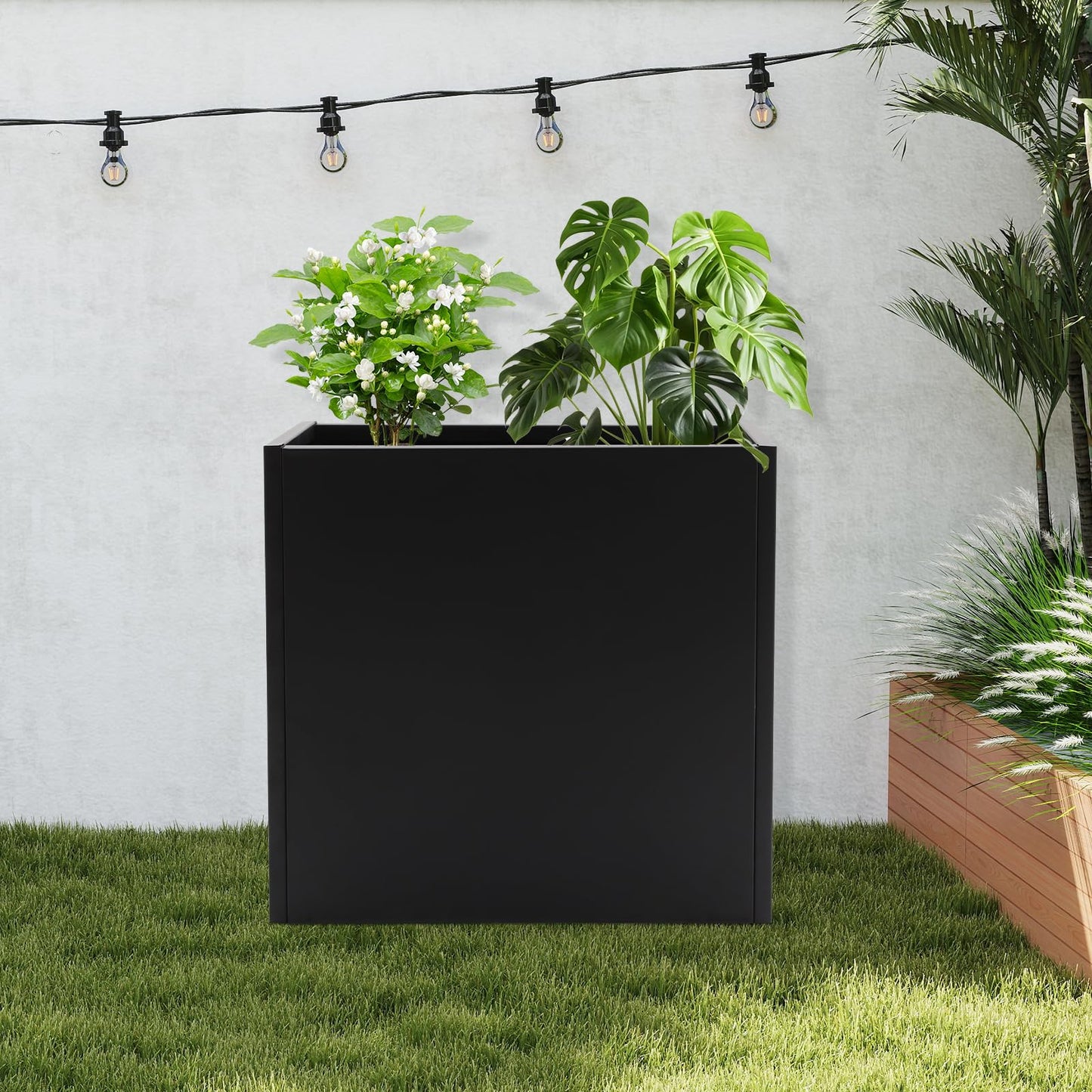 Fichiouy Large Metal Planter Box Outdoor,28" Tall Black Rectangular Planter with Drainage,Modern Steel Planters Pot for Outdoor Plants (Black)