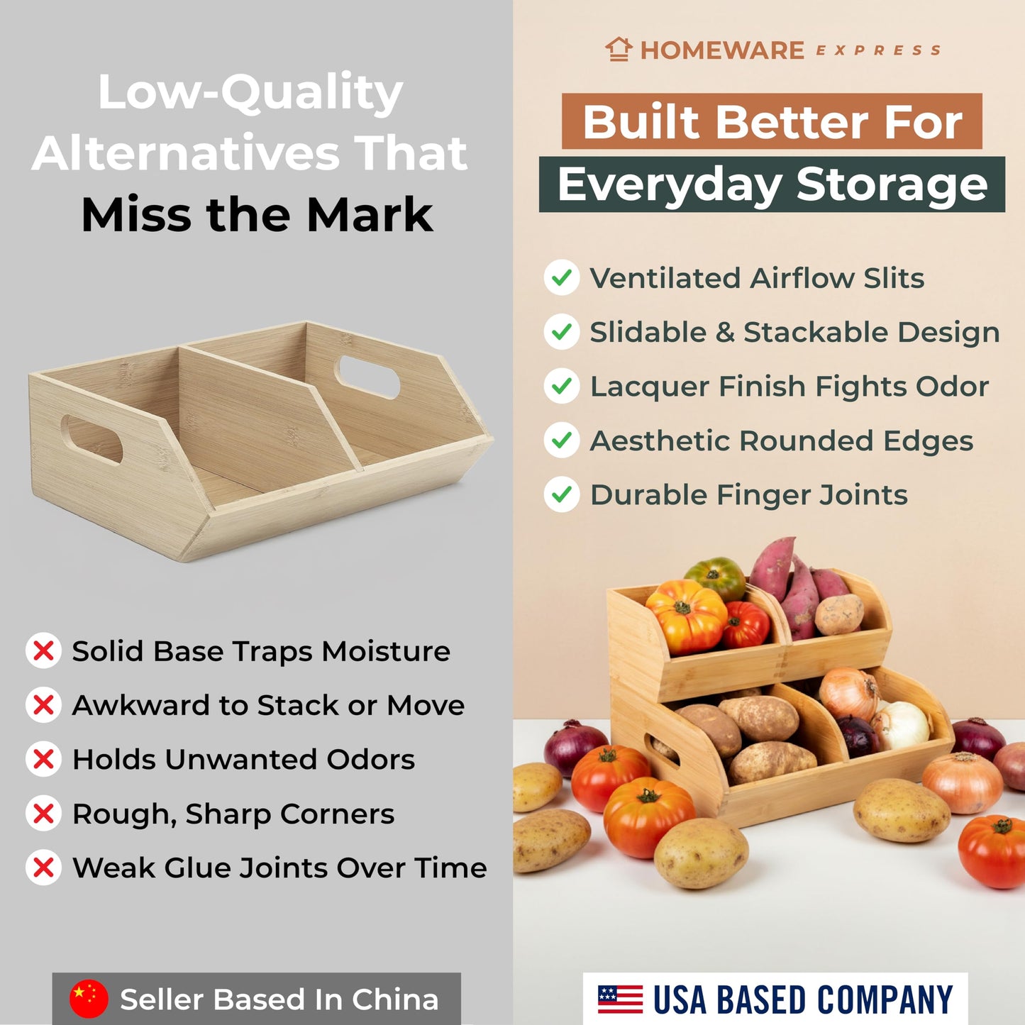 Potato and Onion Storage Bin for Pantry and Kitchen Counter - Ventilated Stackable Bamboo Organizer Baskets with Handles - Multipurpose Organization Containers for Fruit, Vegetable, Pantry - 3 Pack