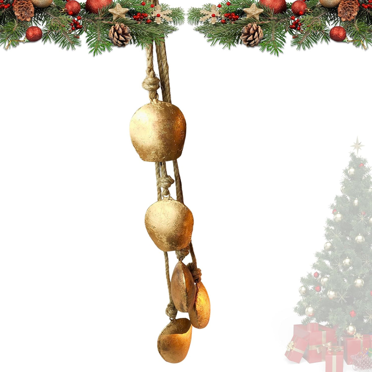 Harmony 5 Cow Bells Cluster on Rope - Large Rustic Vintage Lucky Cow Bells On Rope Wall Hanging Decor