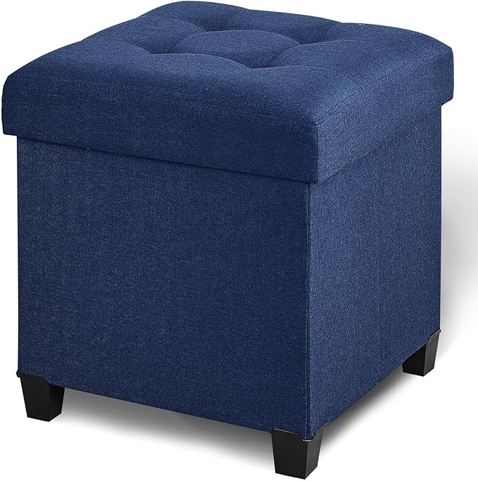 17.7" Ottoman with Storage, Square Storage Ottoman for Dorm, Linen Ottomans with Legs for Living Room, Bedroom, Blue