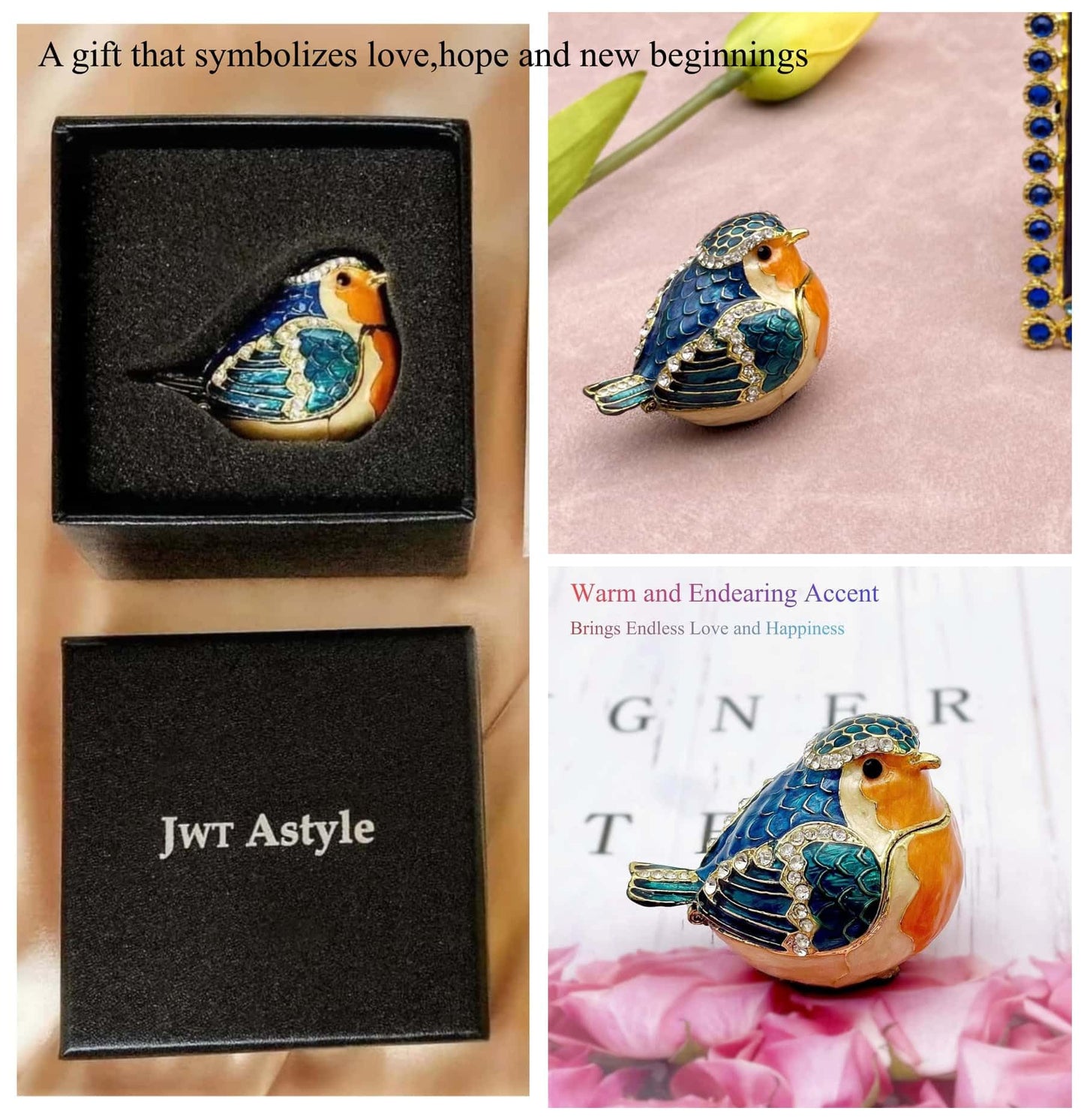 JWT Astyle Robin Bird Hinged Jewelry Box with Stones, Collectible Animal Trinket Box.Rings Earrings Storage Boxes,Bird Figurine Home Decor Gift