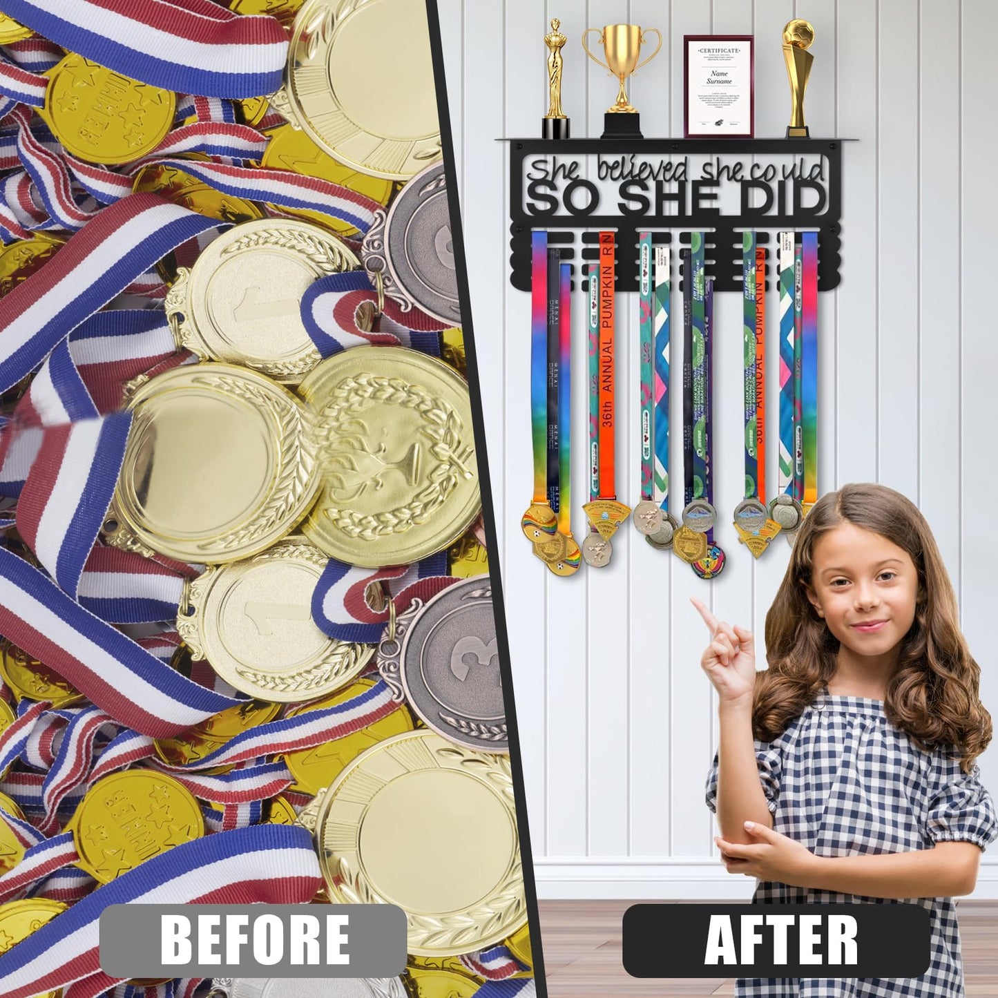 Takytao Medal Hanger Display with Trophy Shelf, Upgraded Sports Medal Holder Trophy Display Shelf Ribbon Holder Simple Wall Hanger (SHE BELIEVED SHE COULD SO SHE DID)