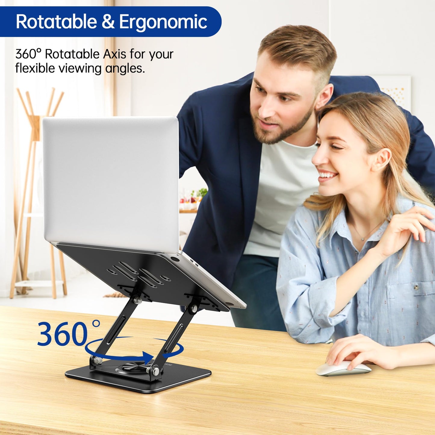 BESIGN LS11 Laptop Stand with 360° Rotating Base, Ergonomic Adjustable Notebook Riser, Foldable Computer Holder Compatible with 10-14" Laptops (Black)