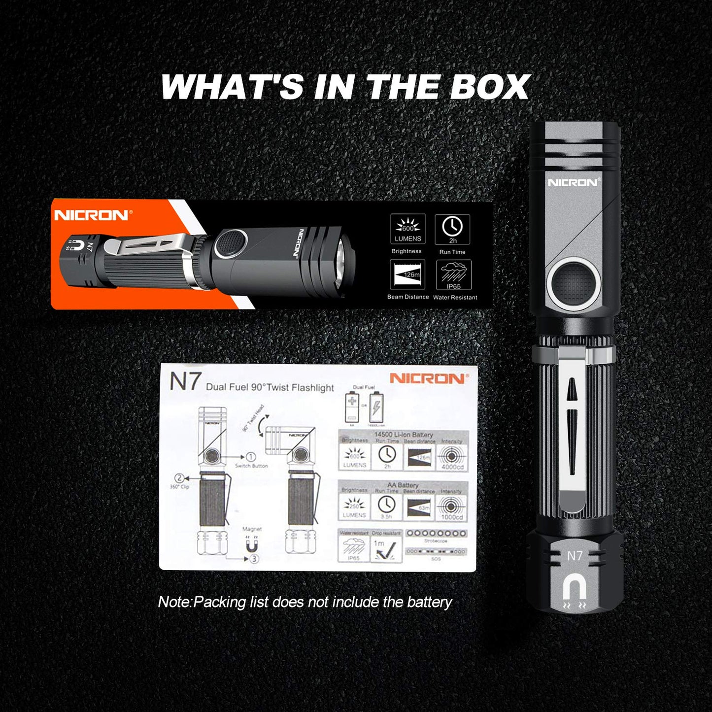 NICRON Flashlight, N7 600 Lumens Tactical Flashlight, 90 Degree Ip65 Waterproof Led Mini Flashlight 4 Modes- Best High Lumens are for Camping, Outdoor, Hiking （Not Including Batteries） Gift