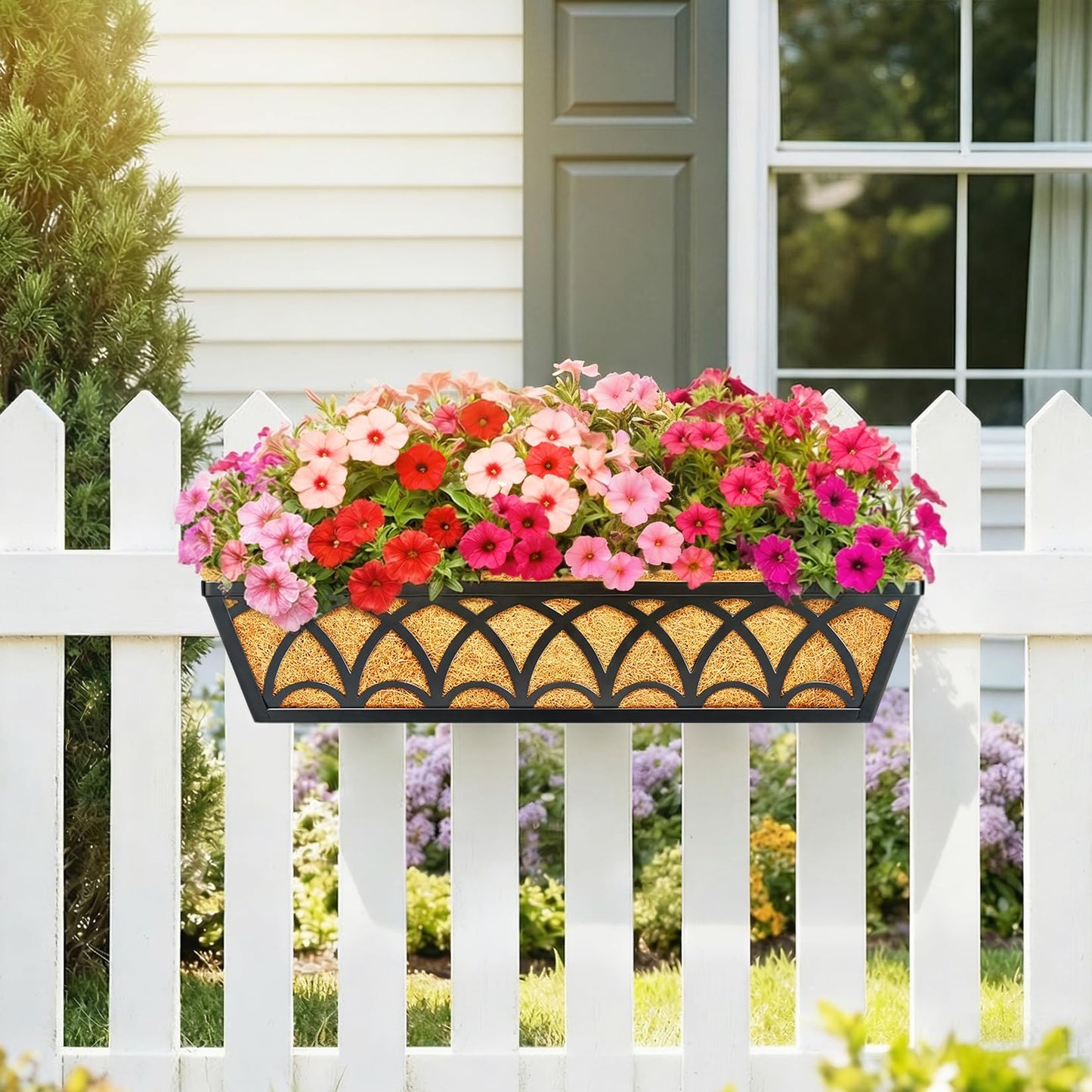 24 Inch Railing Planter Box Window Boxes Planters - 2 Pack Deck Railing Planter Boxes with Adjustable Brackets Coco Liners Balcony Planters Railing Hanging for Window Flower Boxes Outdoor Garden Decor
