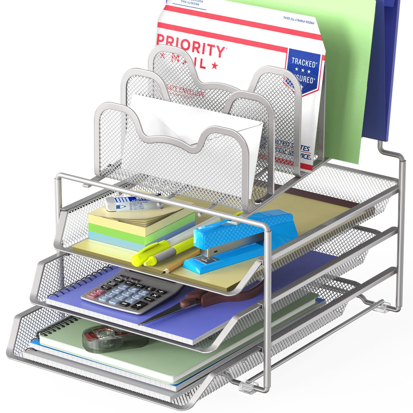 Simple Houseware Desk Organizer with 3 Sliding Tray and 5 Stacking Sections, Silver