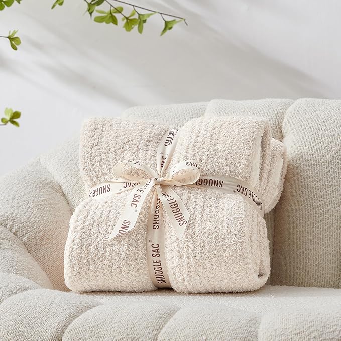 Snuggle Sac Buttery Ivory Throw Blanket for Couch, Reversible Super Soft Knitted Blankets, Warm Cozy Knit Fuzzy Plush Lightweight Throws Dupes for Sofa, Bed, Picnic, Ivory, 50 x 60 inches