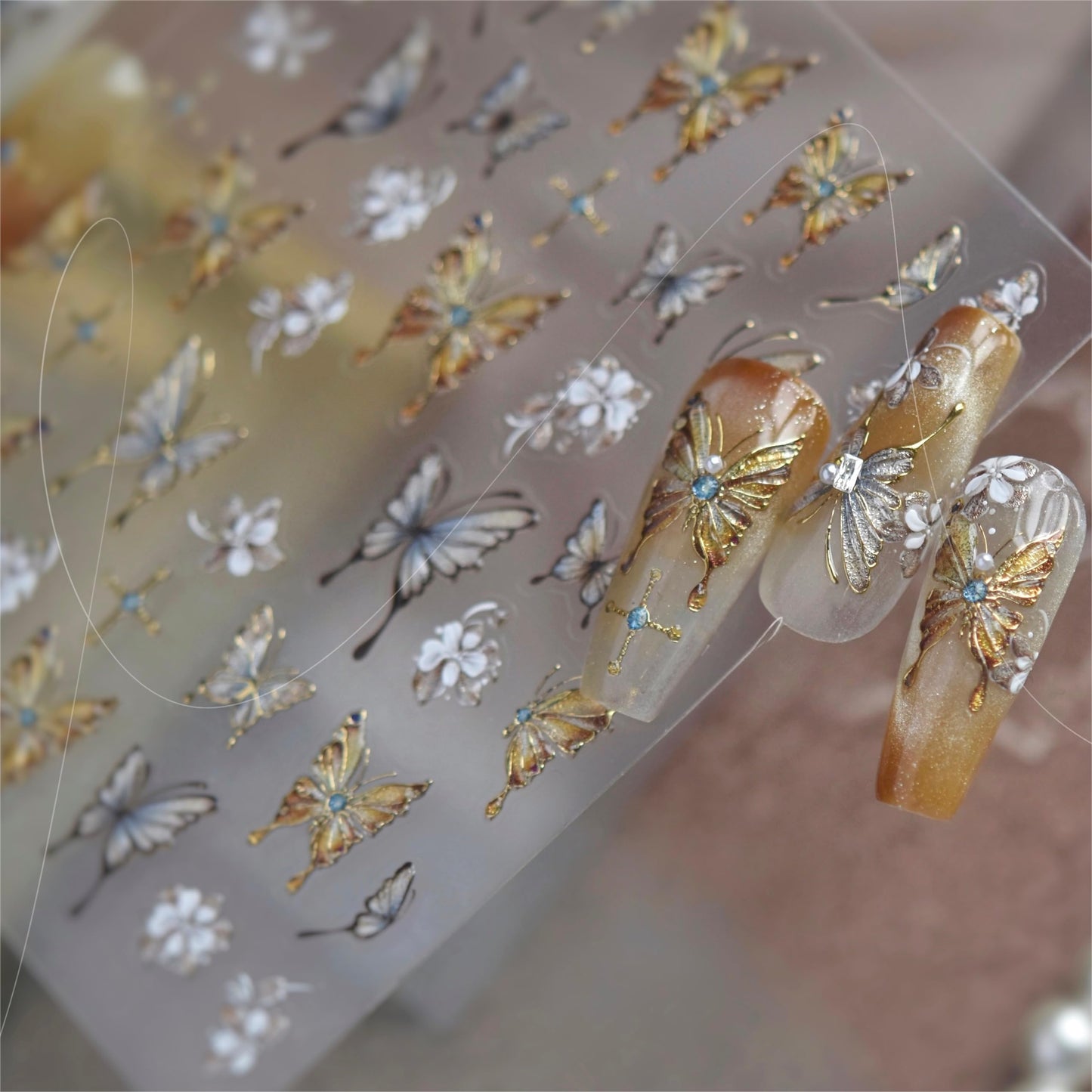 Phuryllic 3D Nail Stickers for Nail Art, Embossed Self-Adhesive Cute Nail Charms & Decals for DIY Nails, Easy-to-Apply Nail Design Supplies & Accessories for Home Manicure-Baroque Golden Butterfly